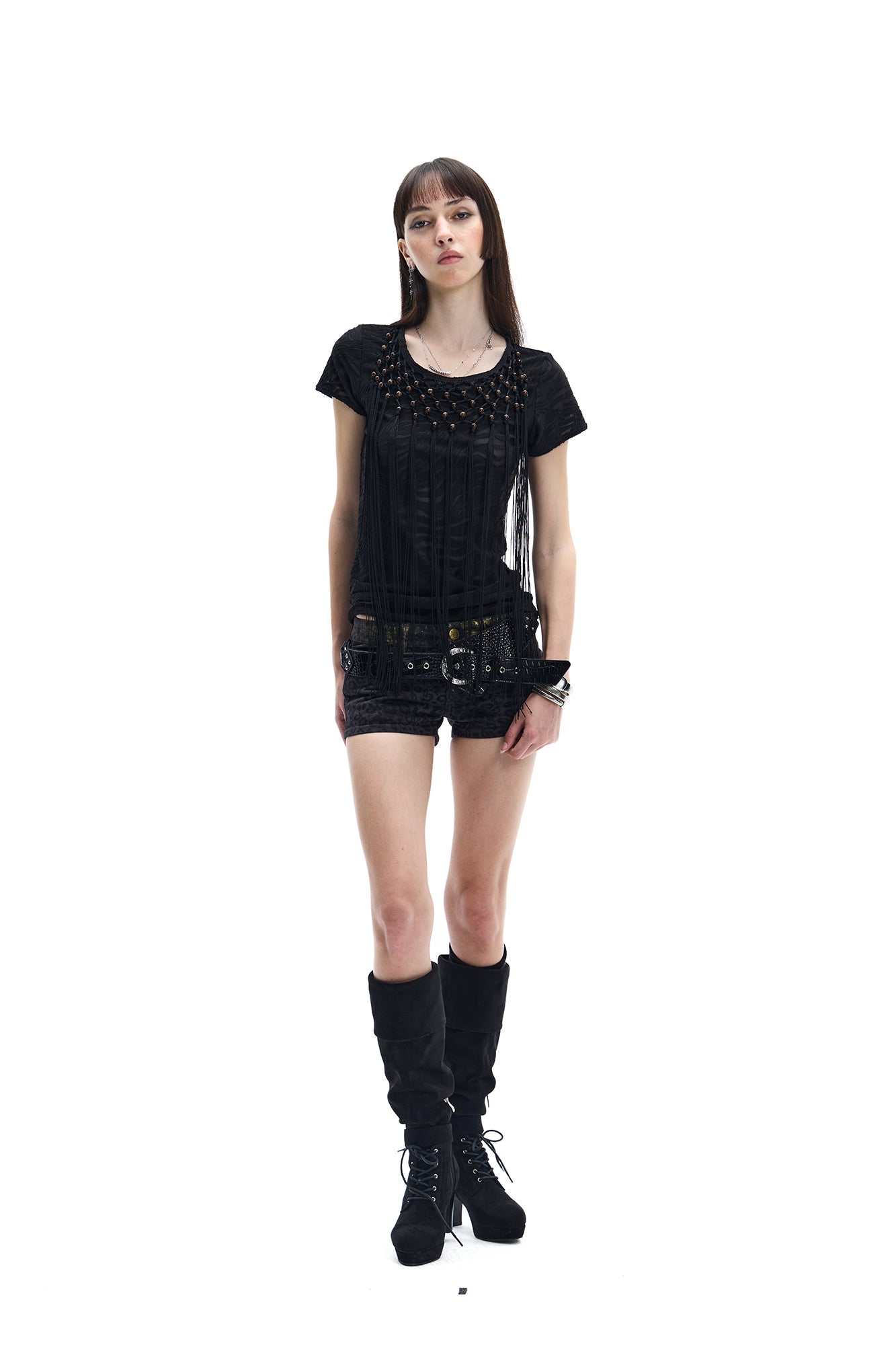 FAYCHUI Beaded Fringe Open-Back T-Shirt