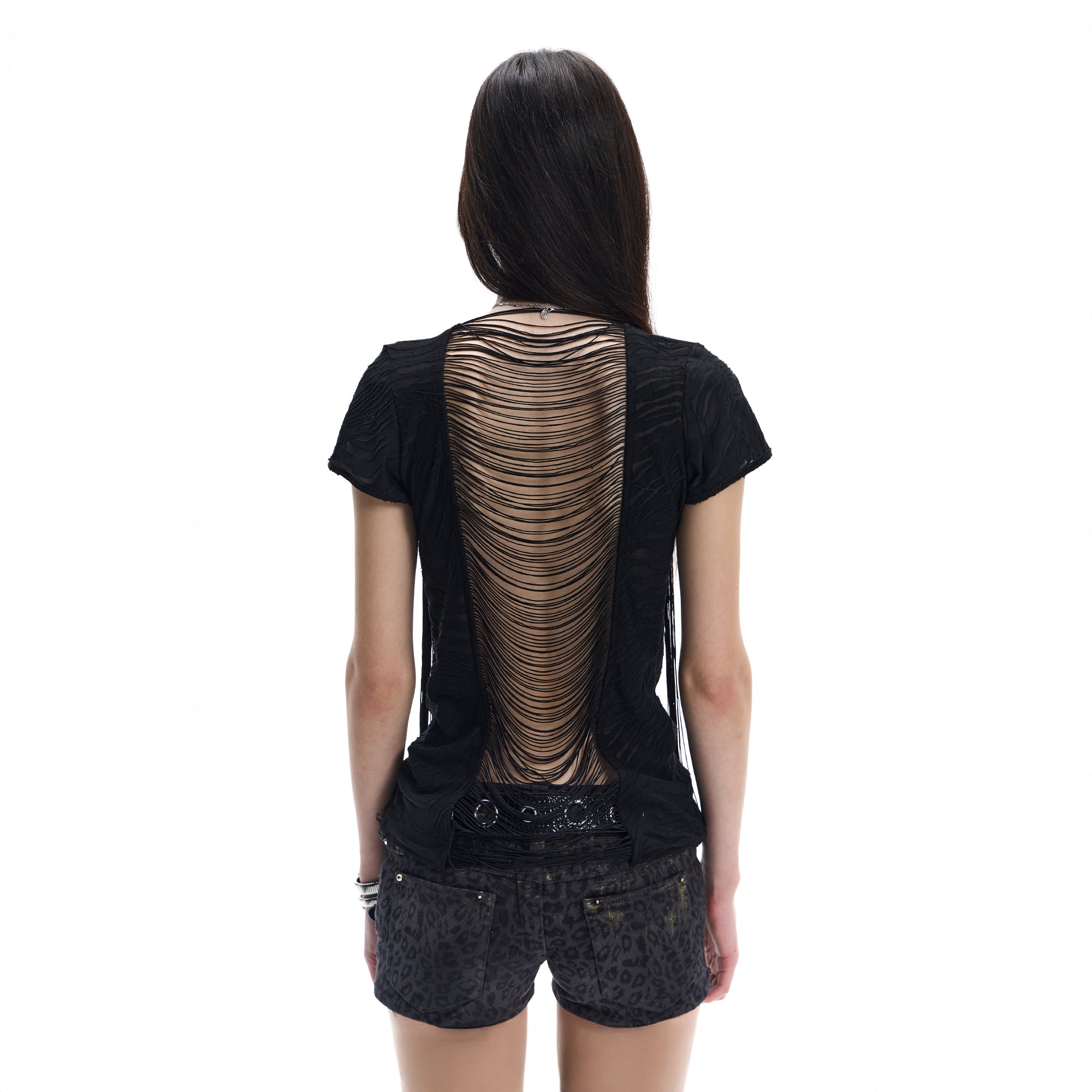 FAYCHUI Beaded Fringe Open-Back T-Shirt