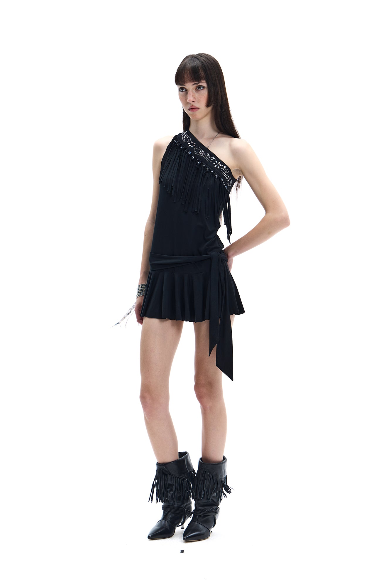 FAYCHUI One-Shoulder Fringe Beaded Mini Dress