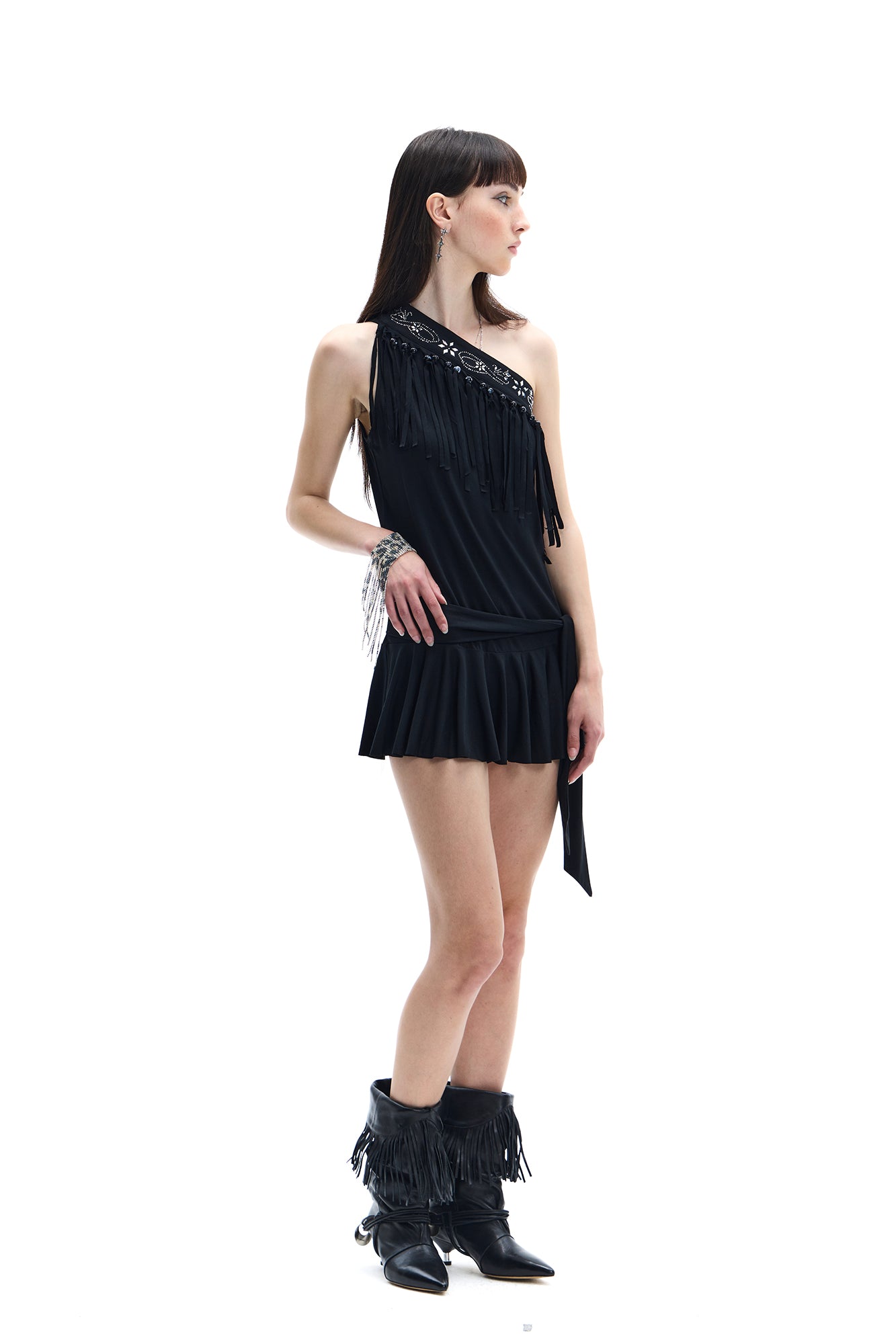 FAYCHUI One-Shoulder Fringe Beaded Mini Dress