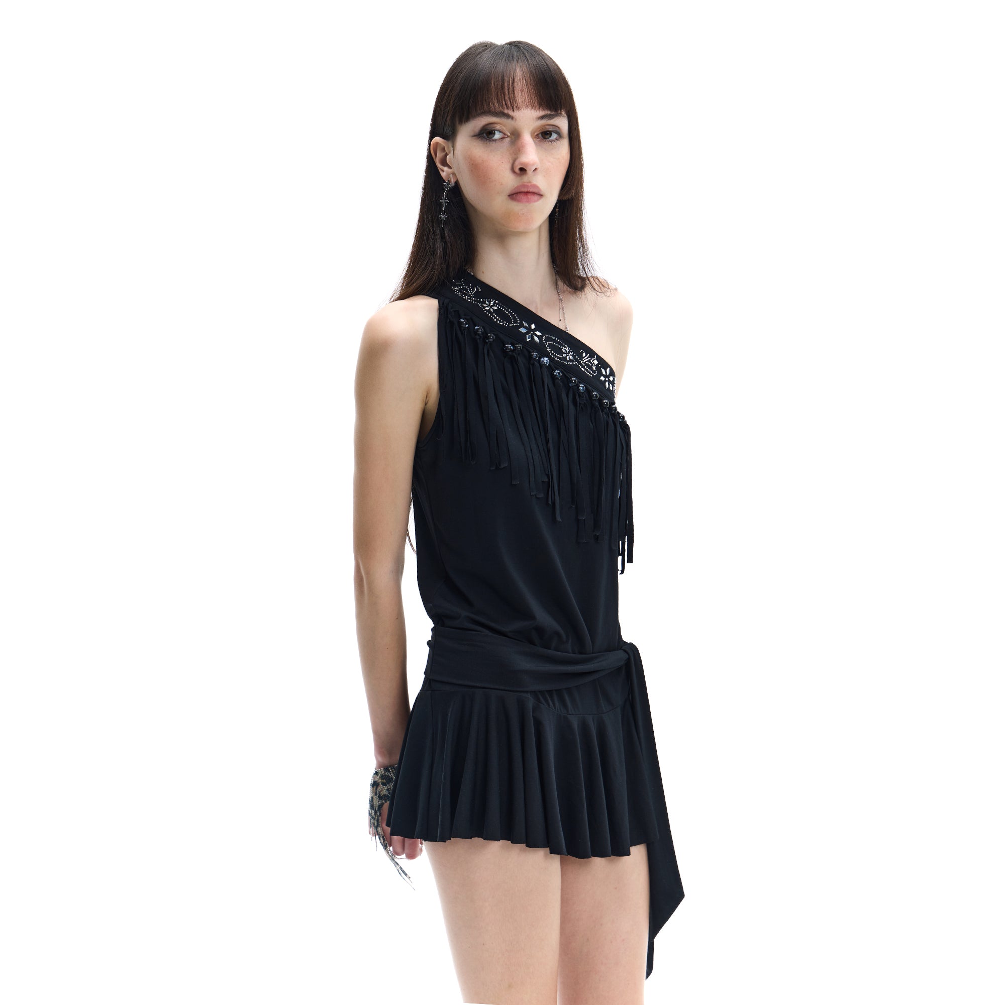 FAYCHUI One-Shoulder Fringe Beaded Mini Dress