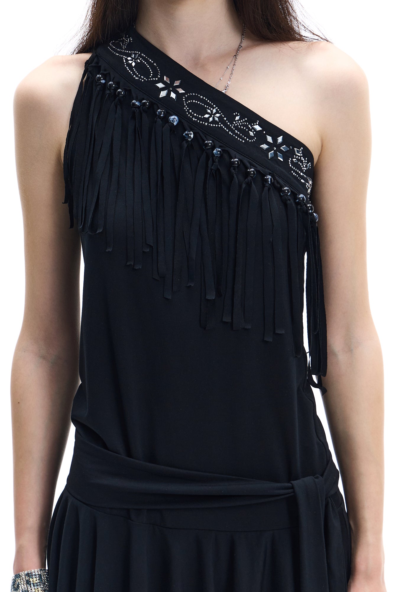 FAYCHUI One-Shoulder Fringe Beaded Mini Dress