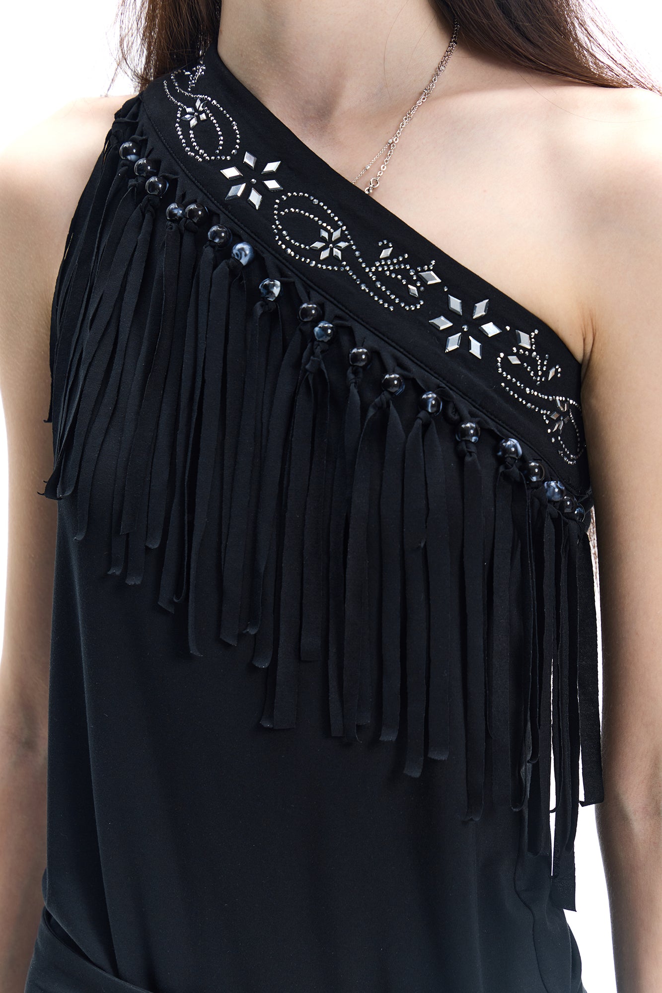 FAYCHUI One-Shoulder Fringe Beaded Mini Dress