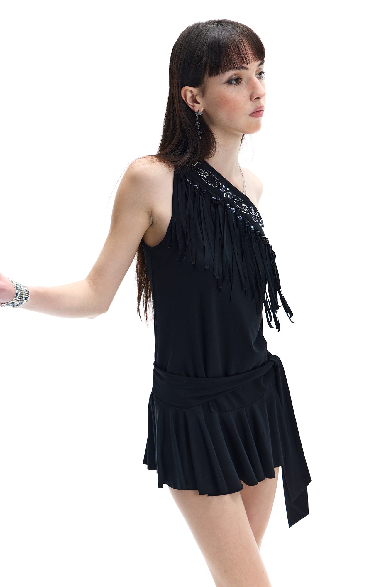 FAYCHUI One-Shoulder Fringe Beaded Mini Dress