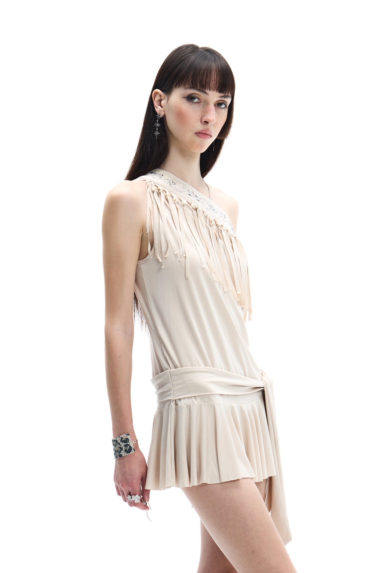 FAYCHUI One-Shoulder Fringe Beaded Mini Dress