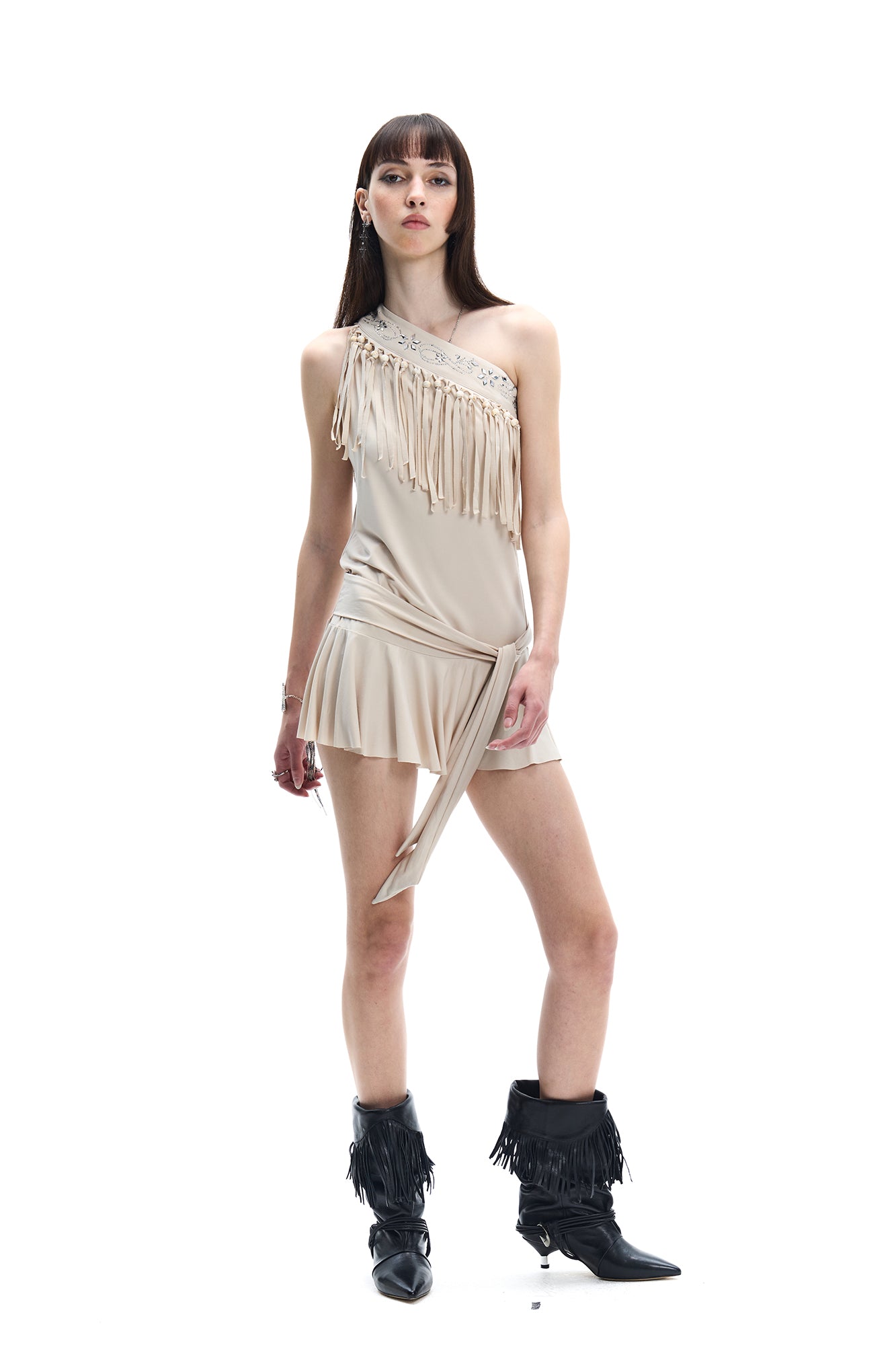 FAYCHUI One-Shoulder Fringe Beaded Mini Dress