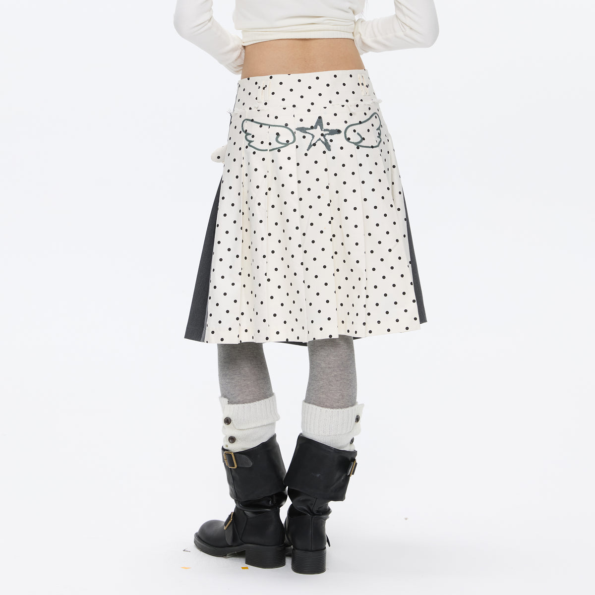 BETWEENAND Reversible Spliced Polka-Dot Pleated Skirt