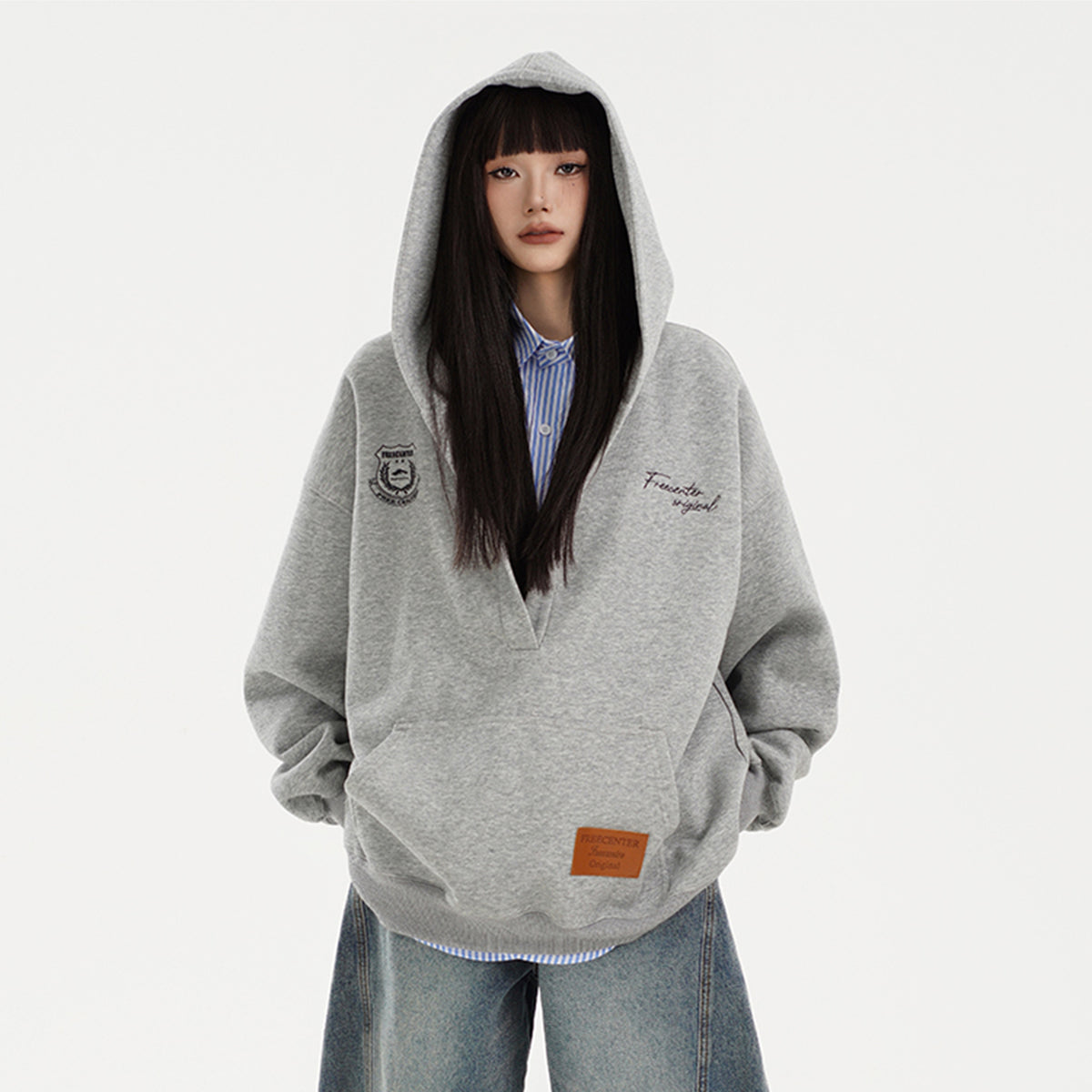 FREE CENTER Deep V-Neck Oversized Hoodie