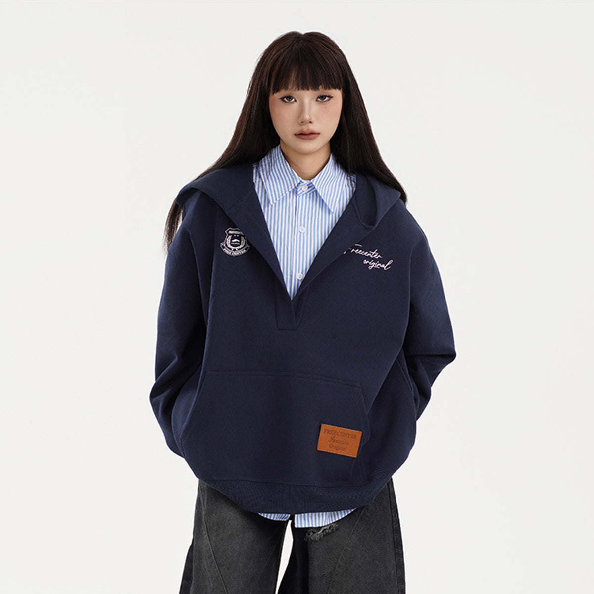 FREE CENTER Deep V-Neck Oversized Hoodie