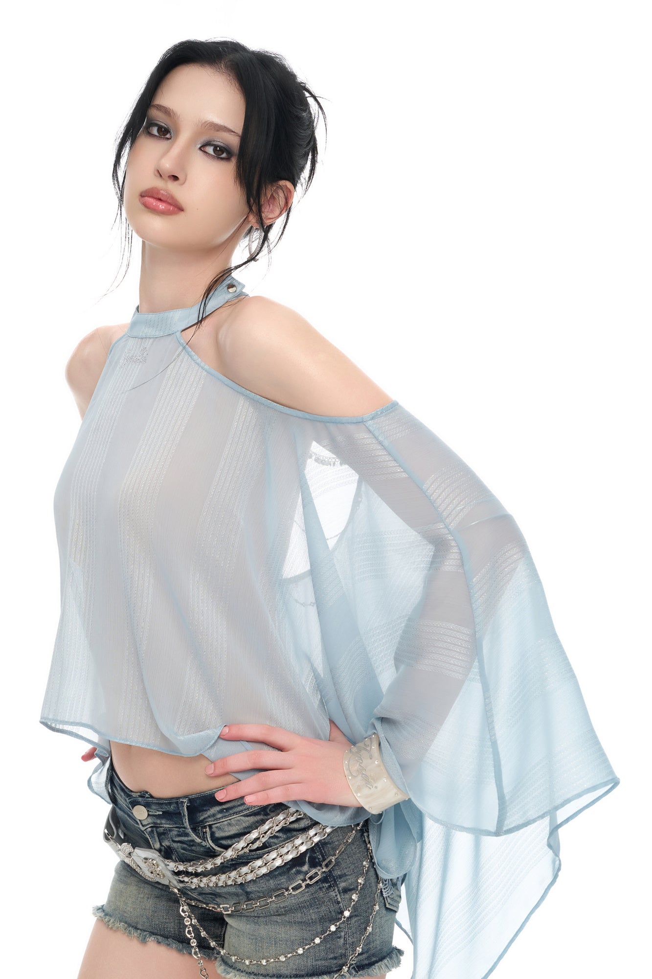 JYOSEI Shimmer Sheer Chiffon Off-Shoulder Irregular Hem Top