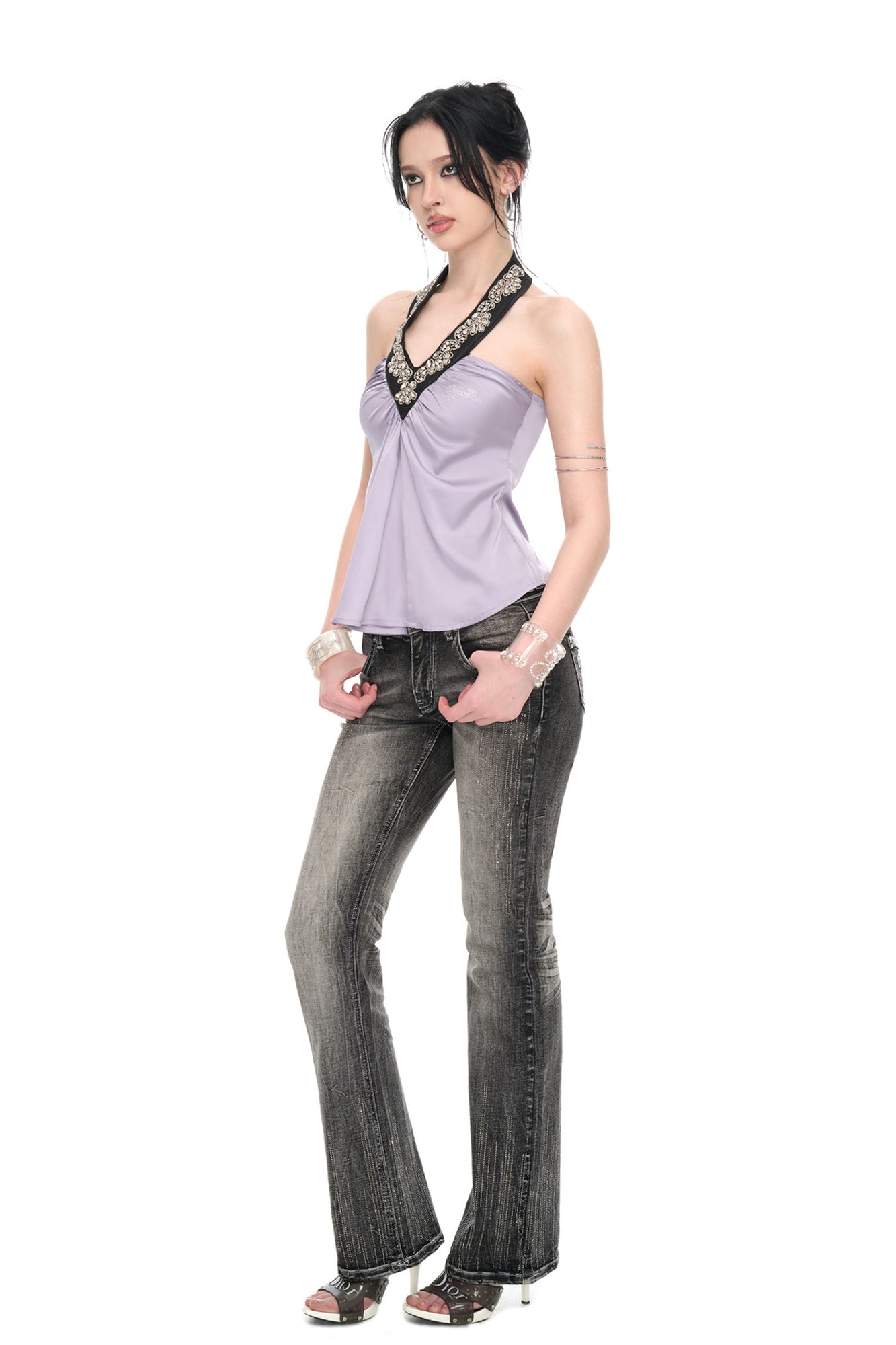 JYOSEI Satin Sequined Open-Back Halter Top