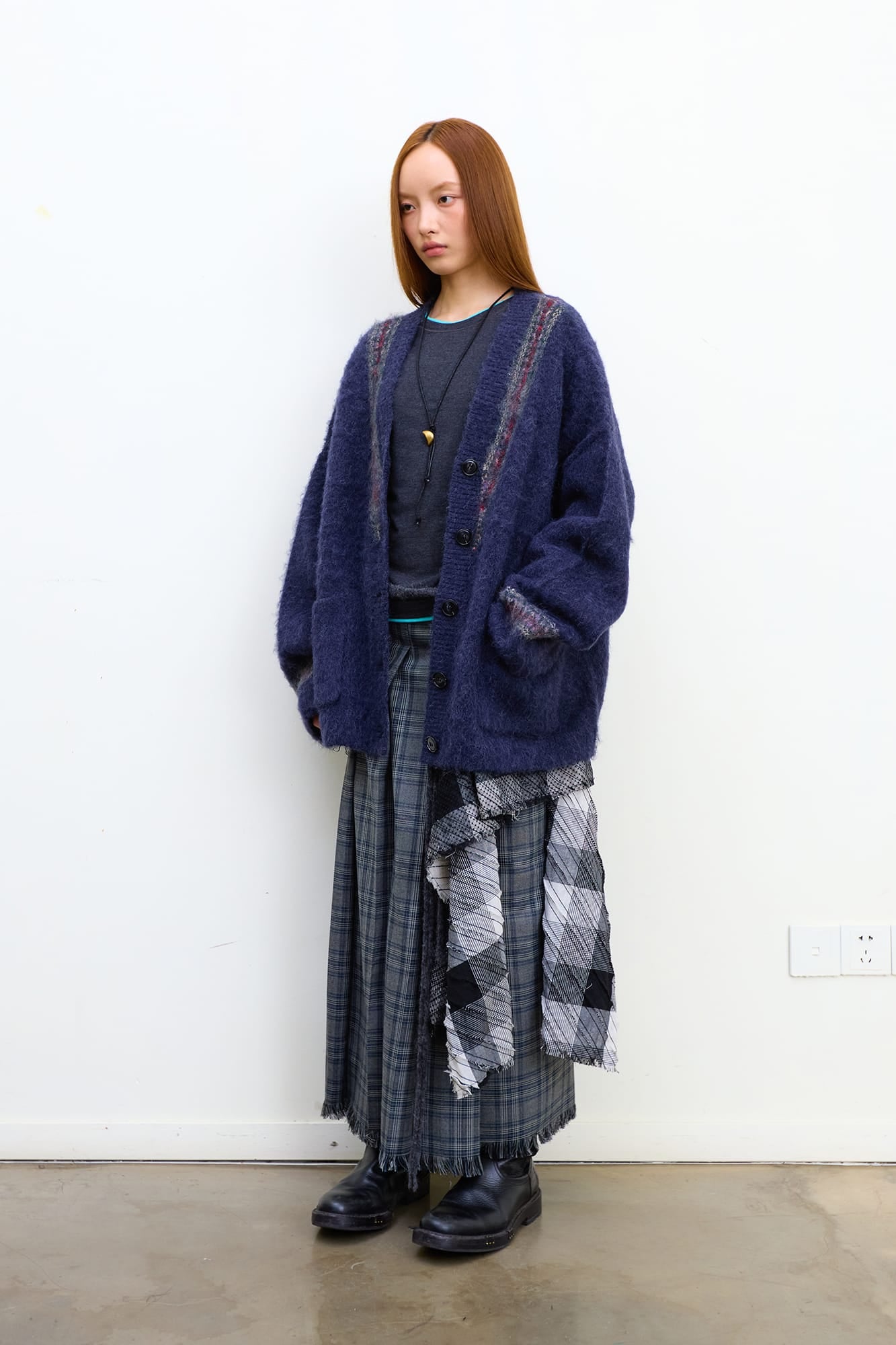 NEVERSEEZ Detachable Waist Scarf Pleated Plaid Maxi Skirt