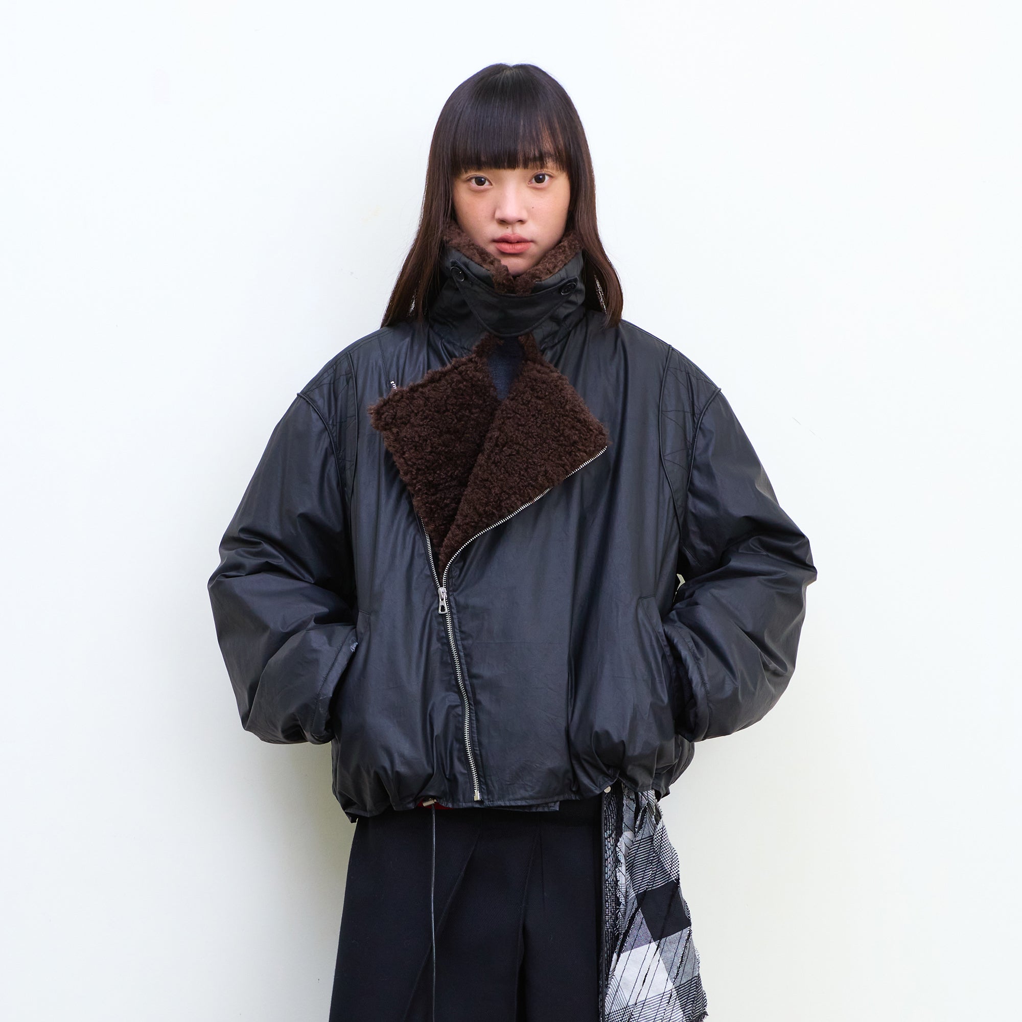 NEVERSEEZ Asymmetric Zip Shearling Bomber Jacket