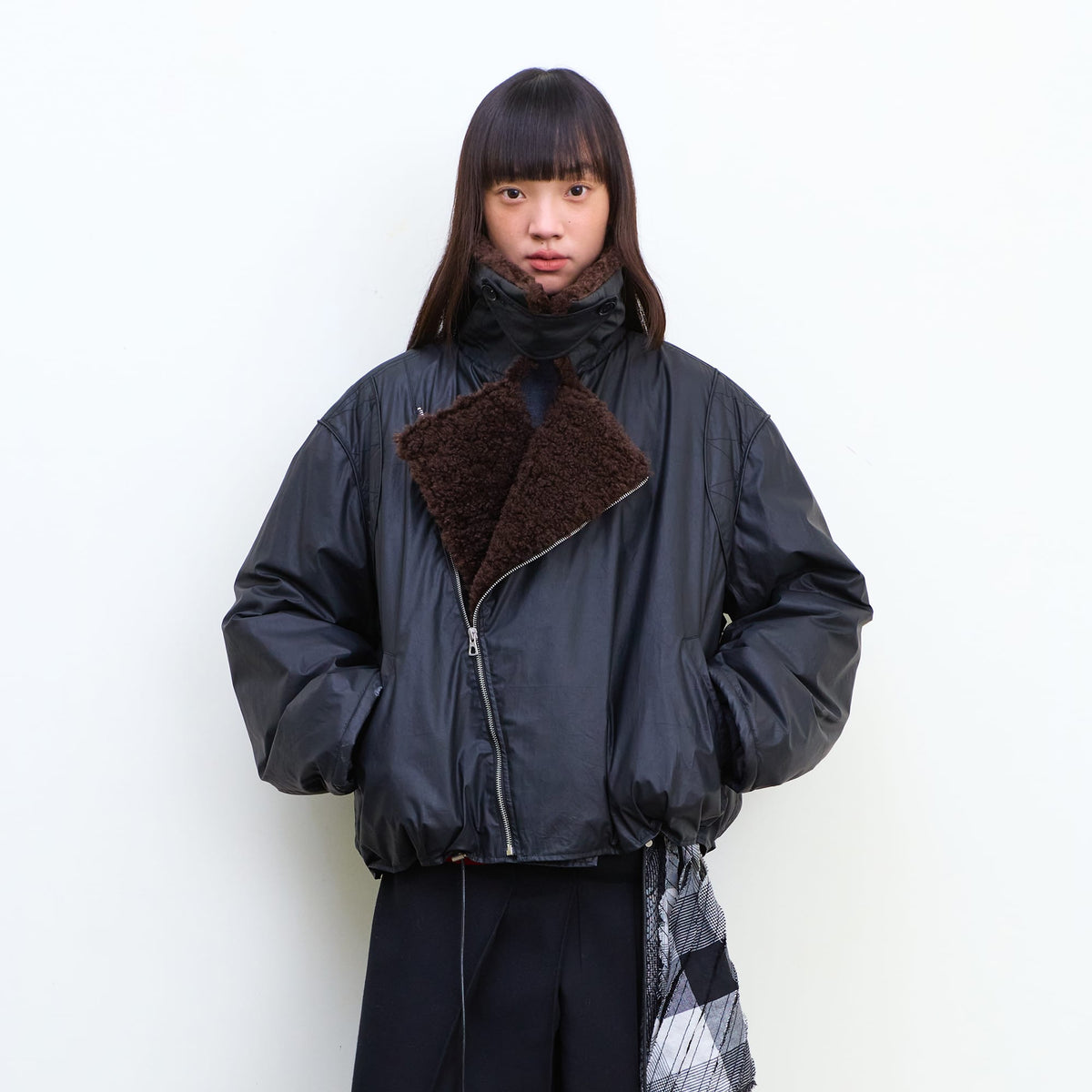 NEVERSEEZ Asymmetric Zip Shearling Bomber Jacket
