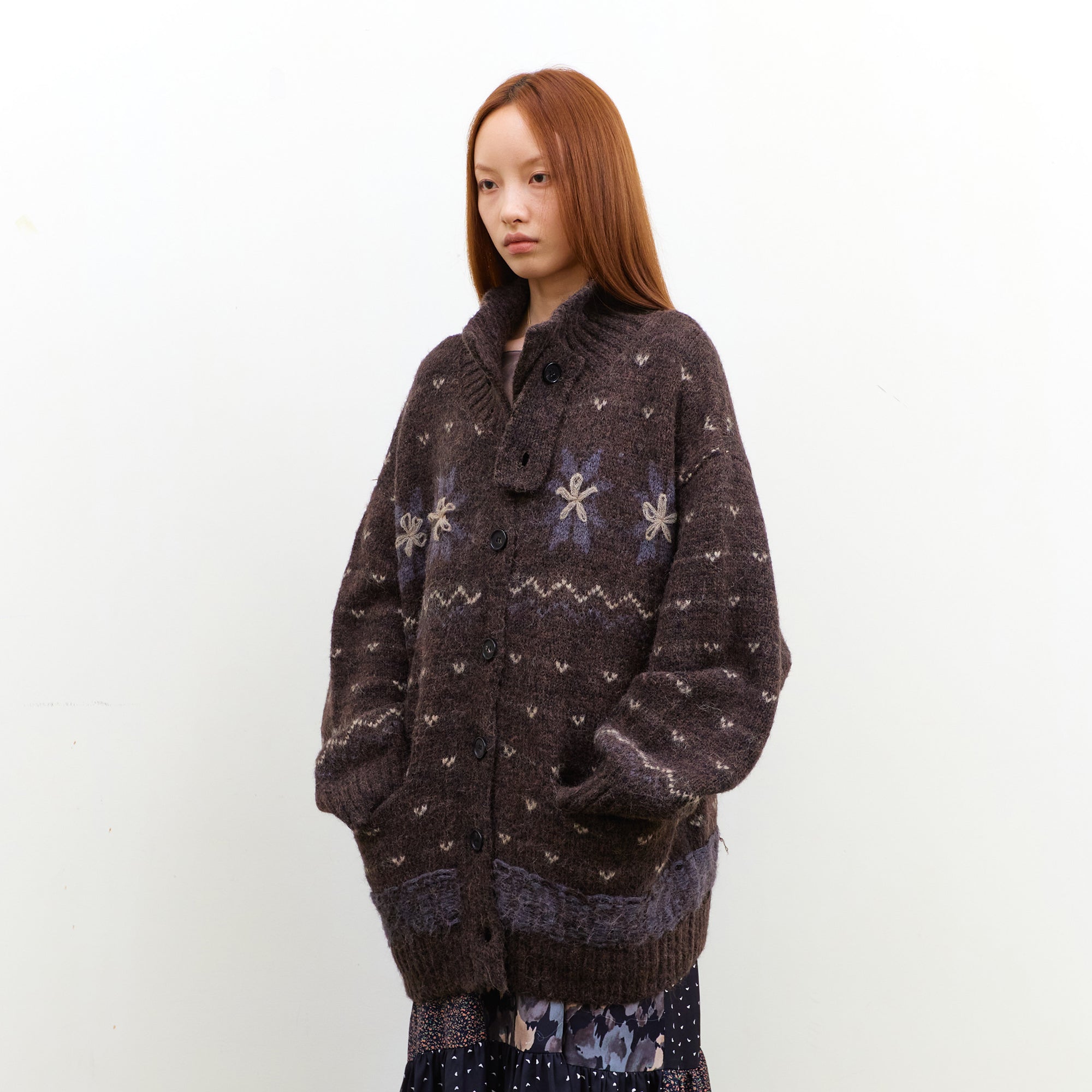 NEVERSEEZ Floral Jacquard Merino Wool-Blend Cardigan