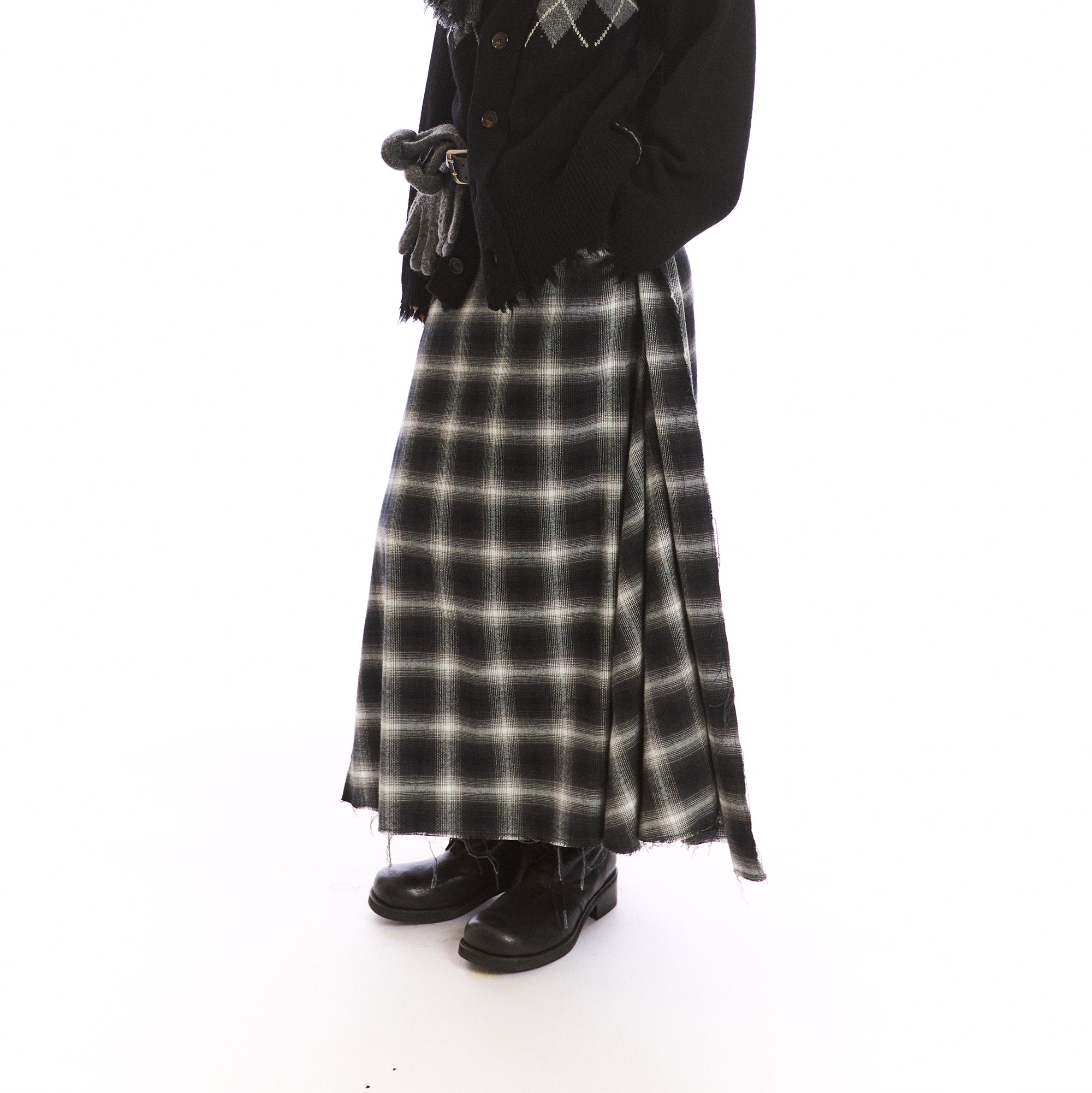 NEVERSEEZ Asymmetric Plaid Raw-Edge Maxi Skirt