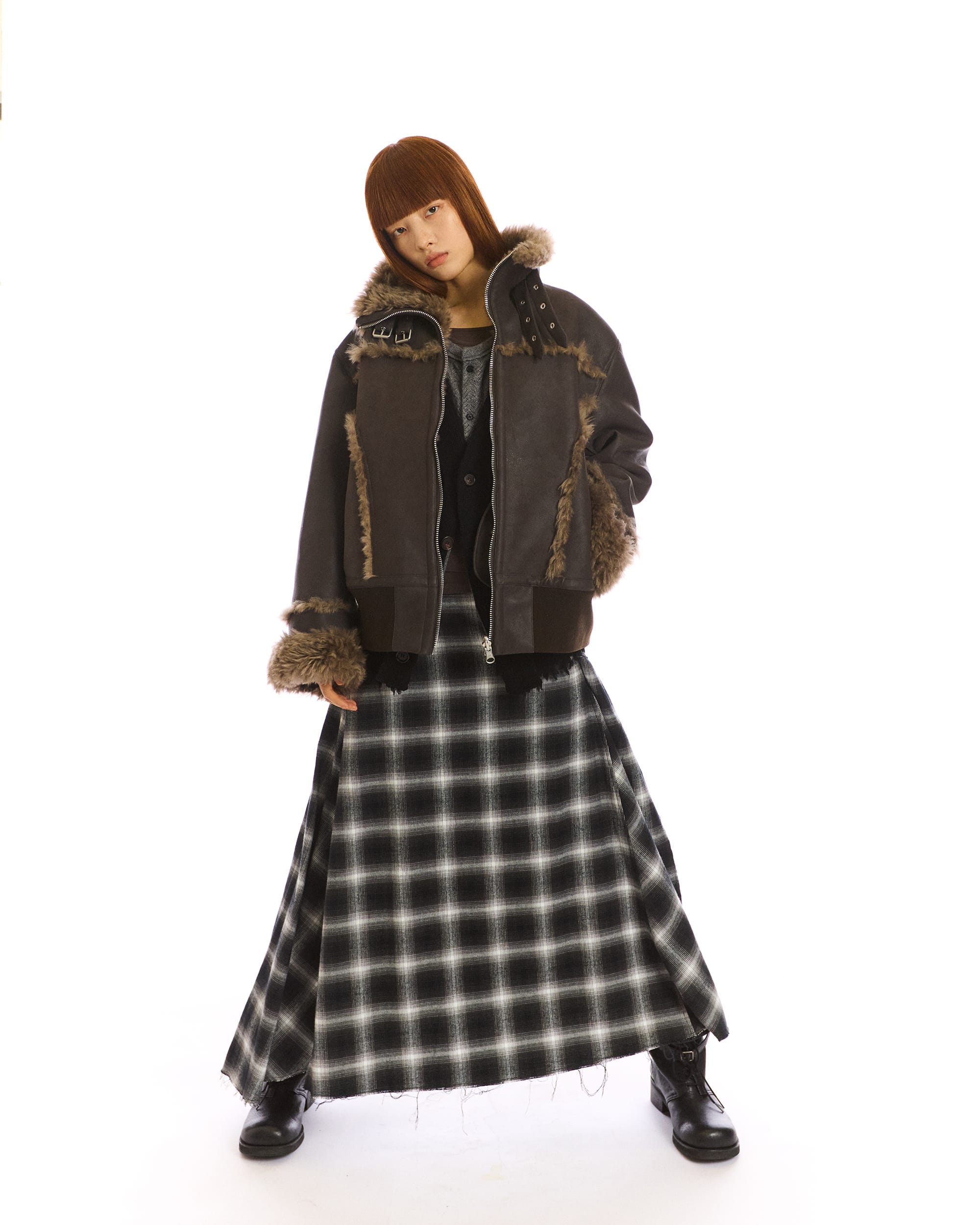 NEVERSEEZ Asymmetric Plaid Raw-Edge Maxi Skirt