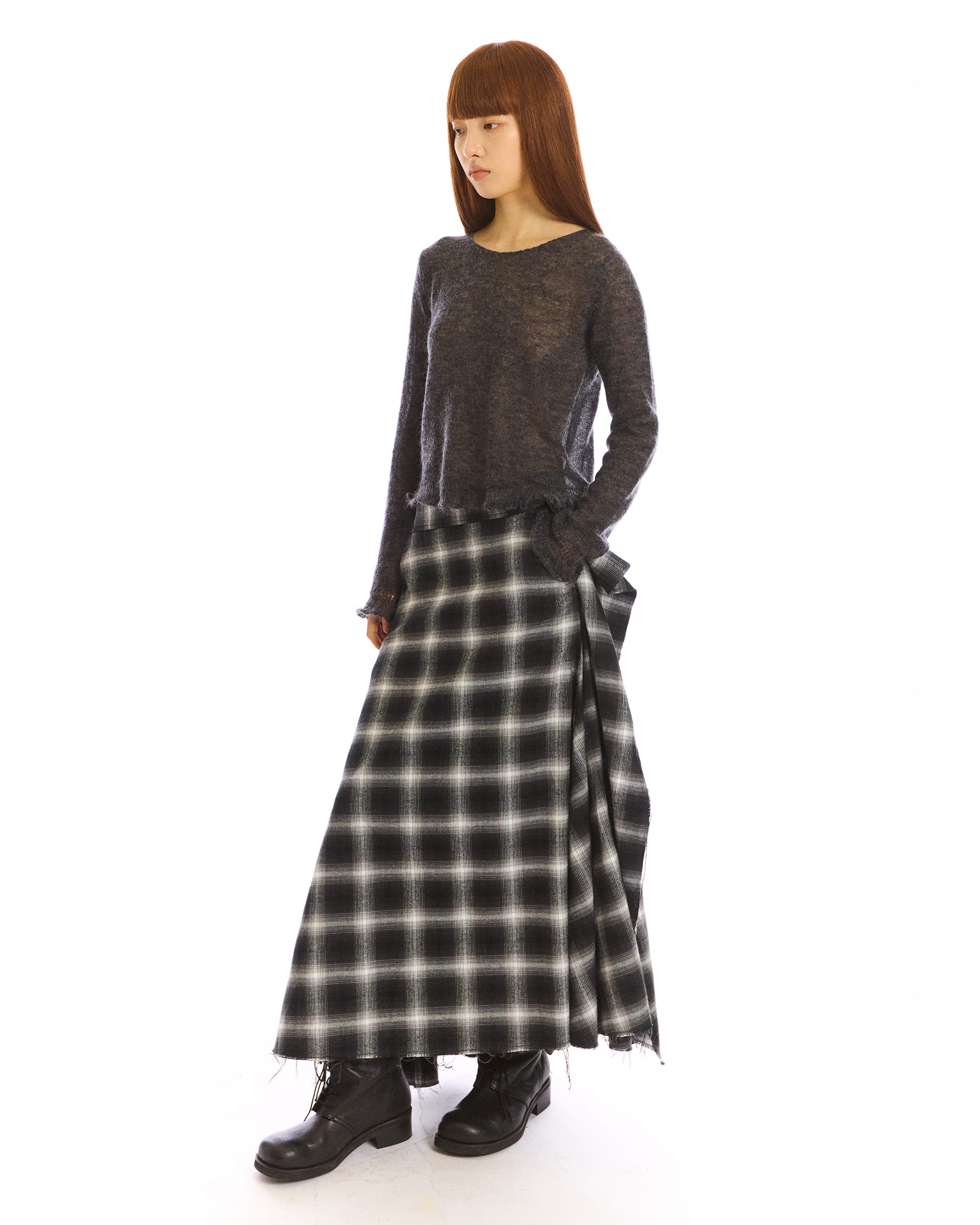 NEVERSEEZ Asymmetric Plaid Raw-Edge Maxi Skirt