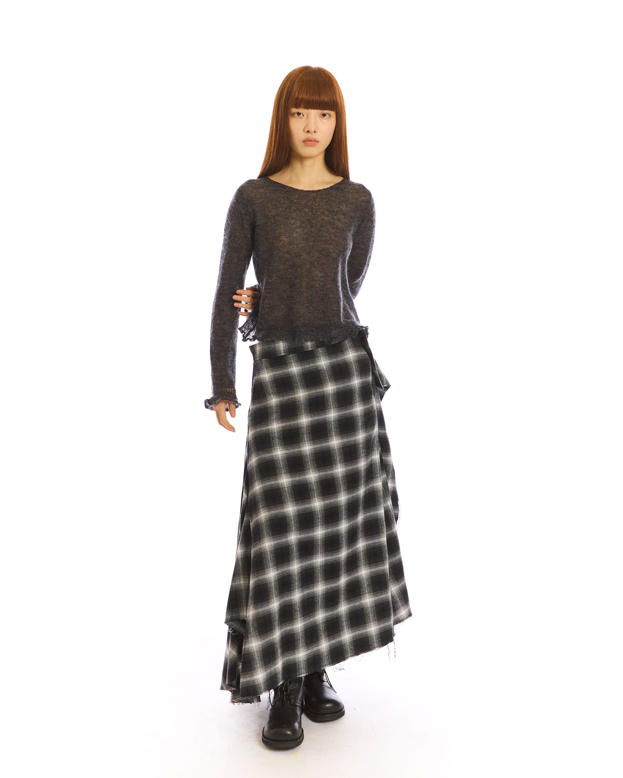 NEVERSEEZ Asymmetric Plaid Raw-Edge Maxi Skirt