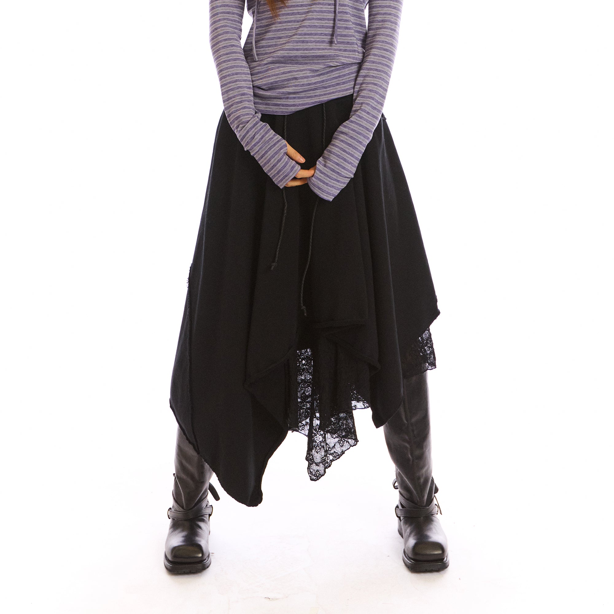 NEVERSEEZ Asymmetric Lace-Insert Knit Midi Skirt