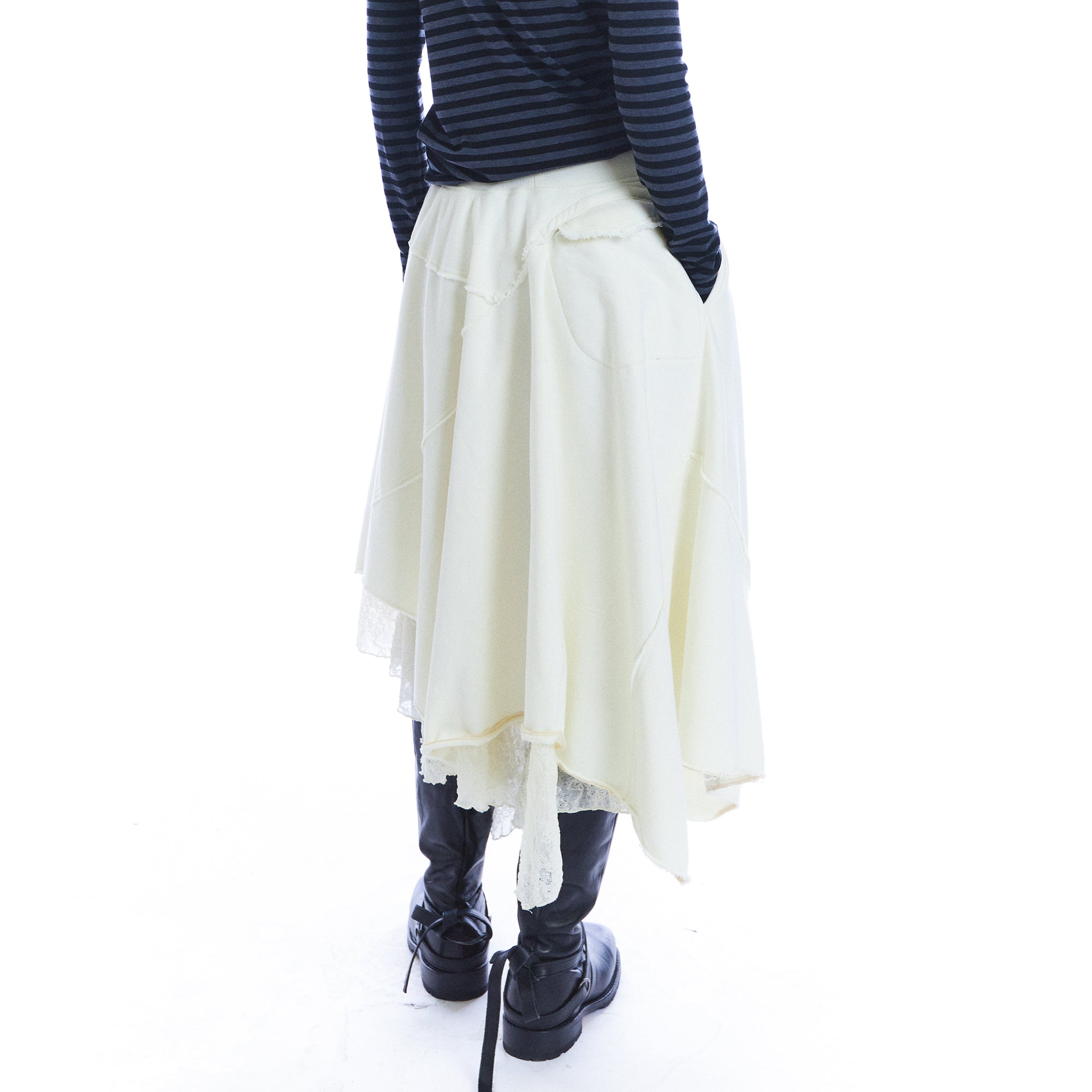 NEVERSEEZ Asymmetric Lace-Insert Knit Midi Skirt