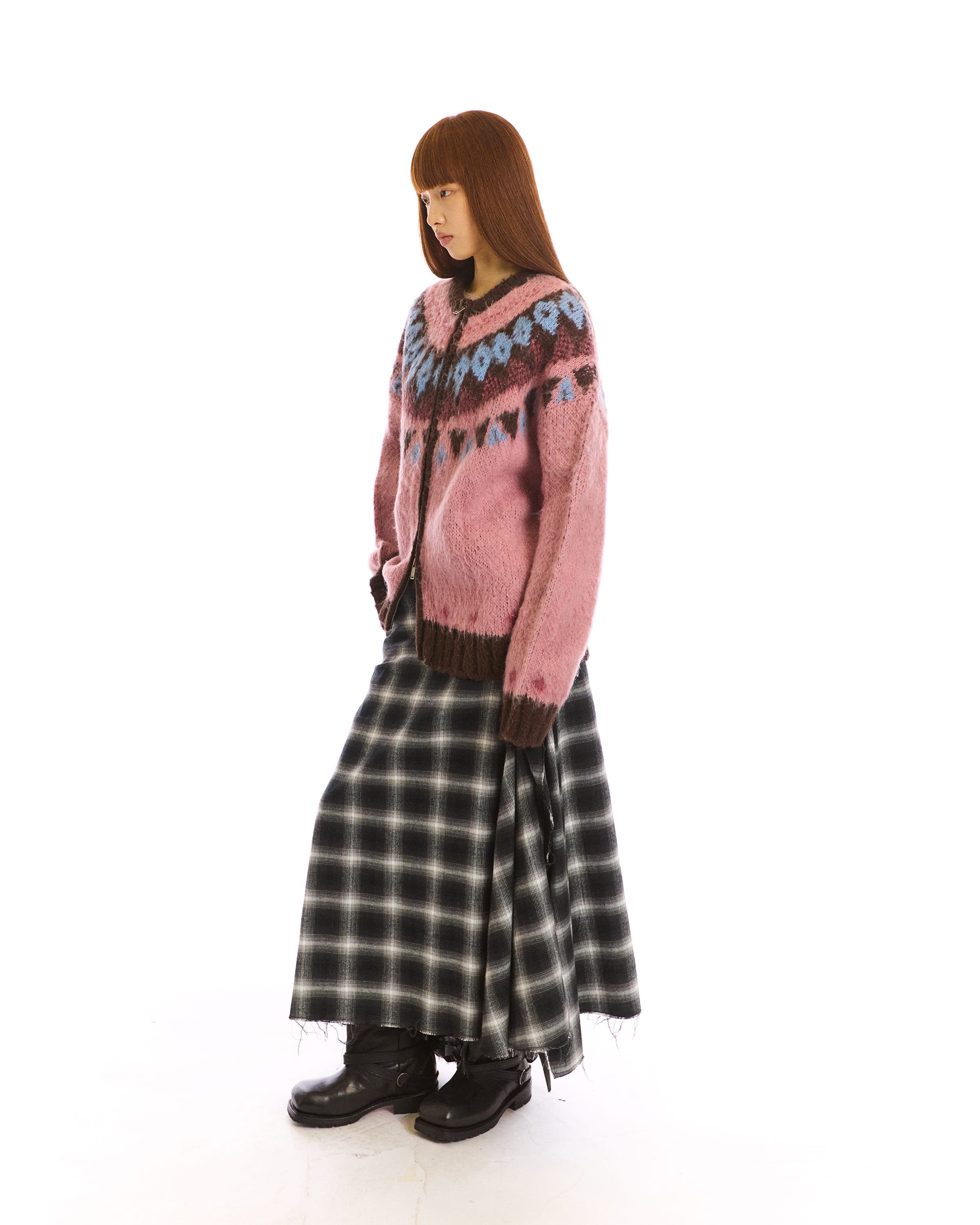 NEVERSEEZ Asymmetric Plaid Raw-Edge Maxi Skirt
