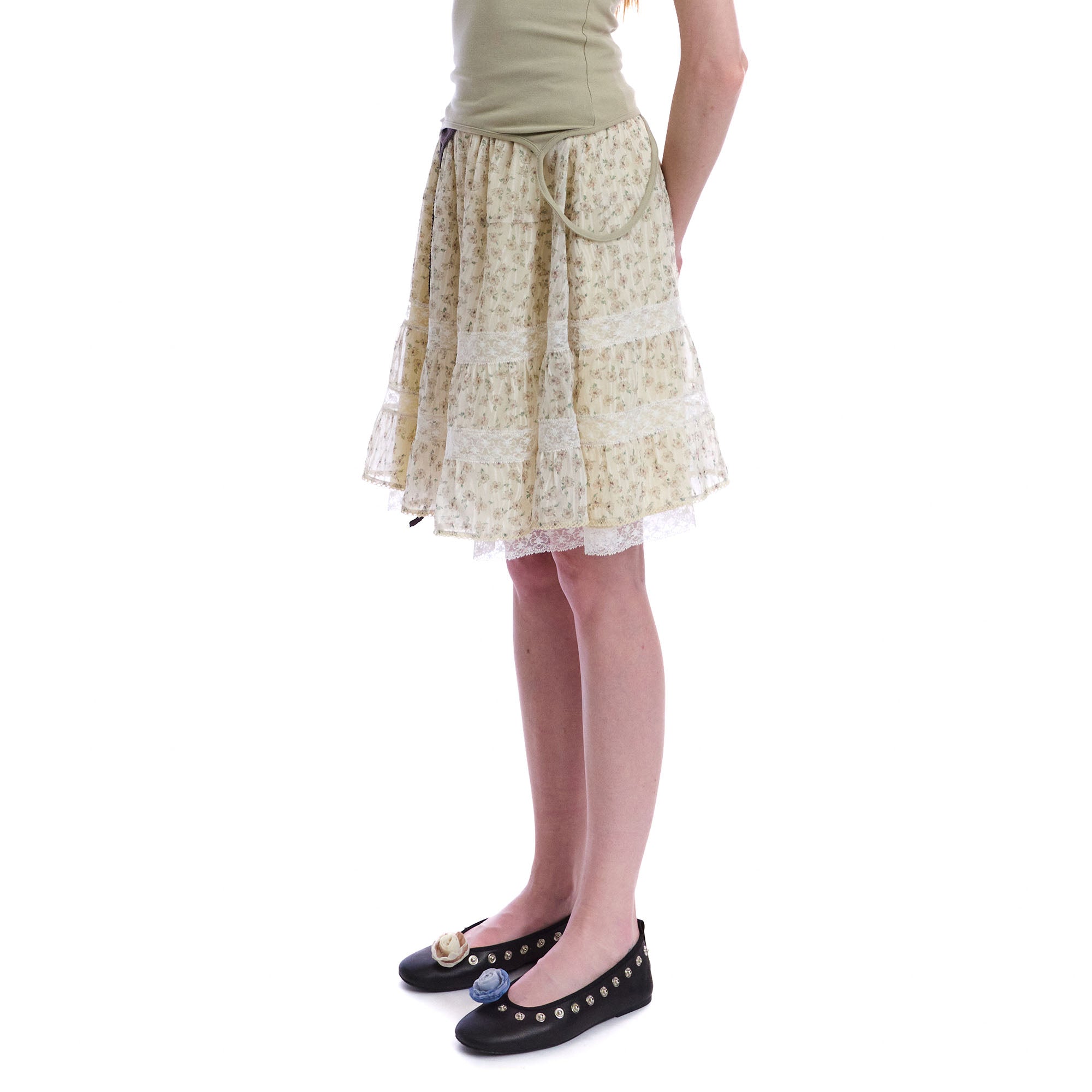 NEVERSEEZ Floral Lace-Trim Tiered Midi Skirt