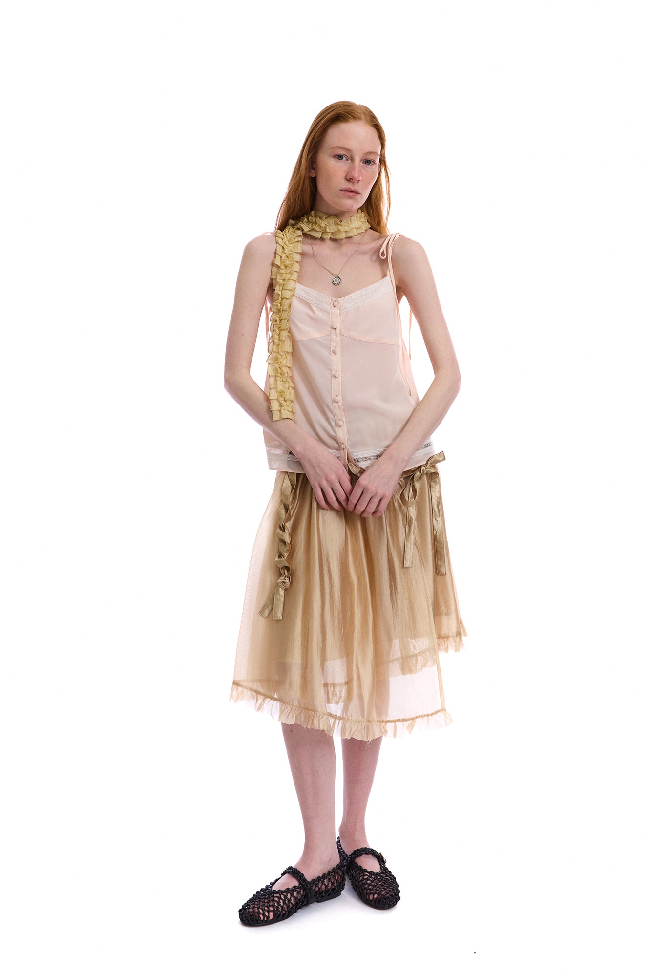 NEVERSEEZ Layered Sheer Ruffled Tie-Waist Skirt
