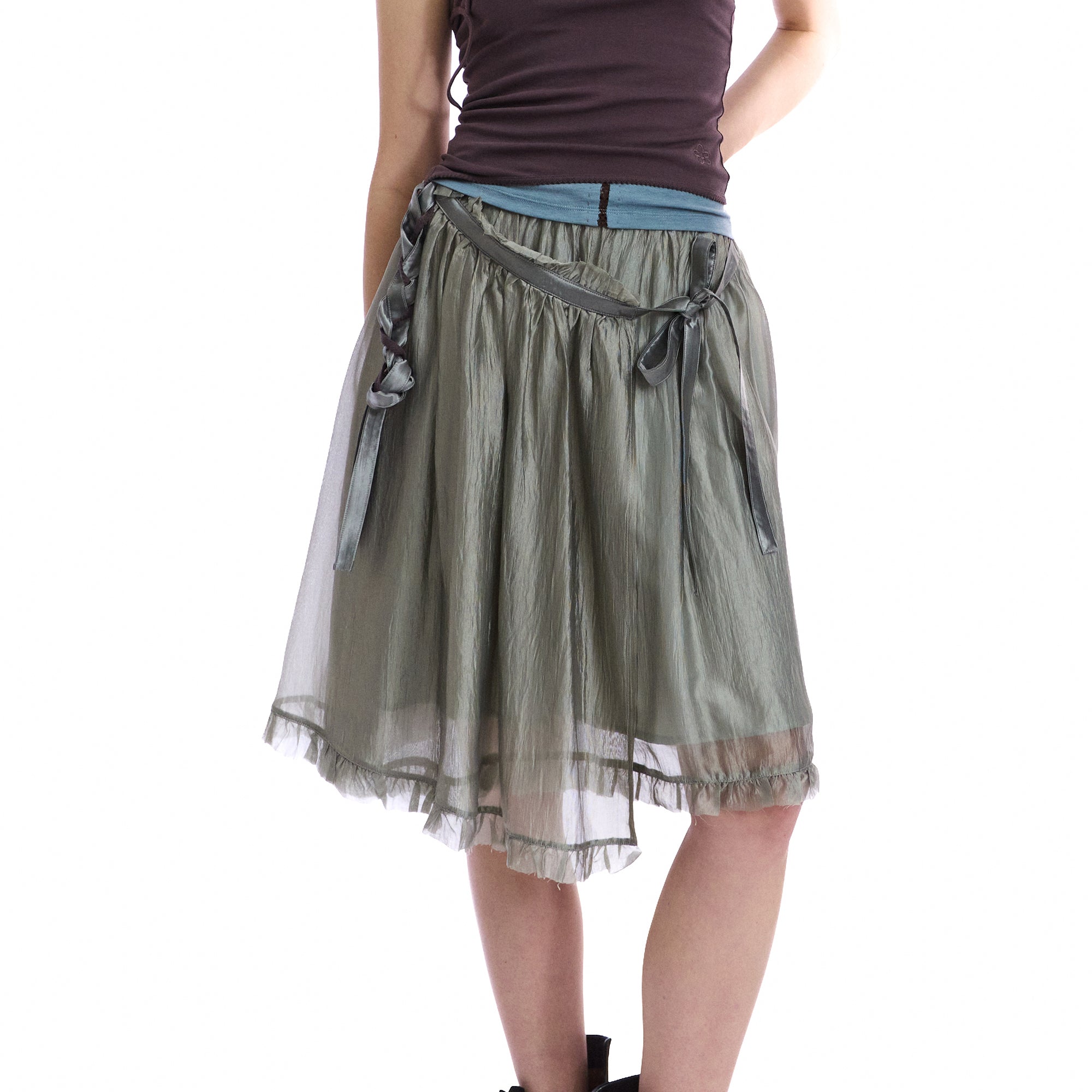 NEVERSEEZ Layered Sheer Ruffled Tie-Waist Skirt