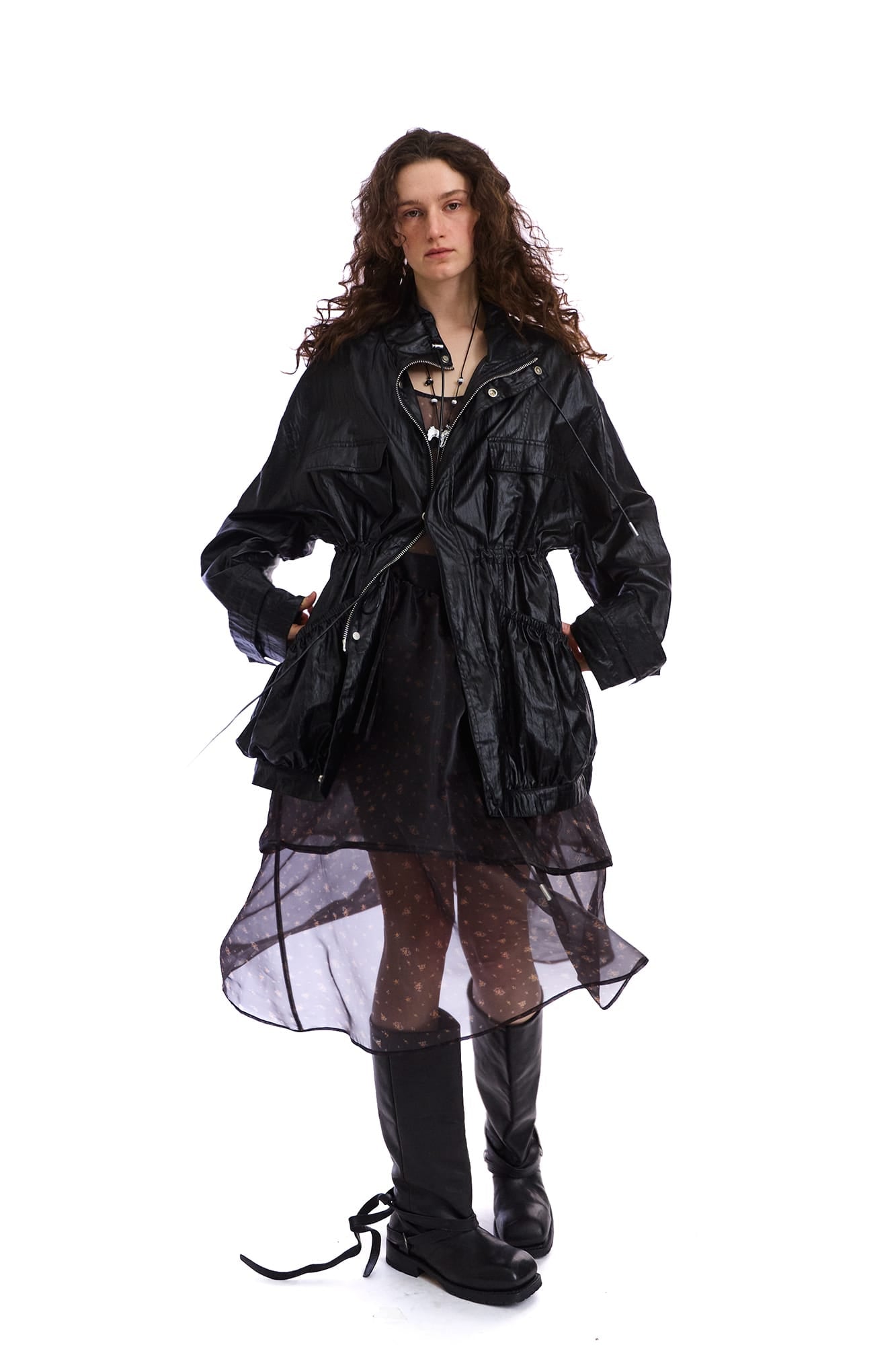 NEVERSEEZ Sheer Ditsy-Print Tiered Overlay Dress