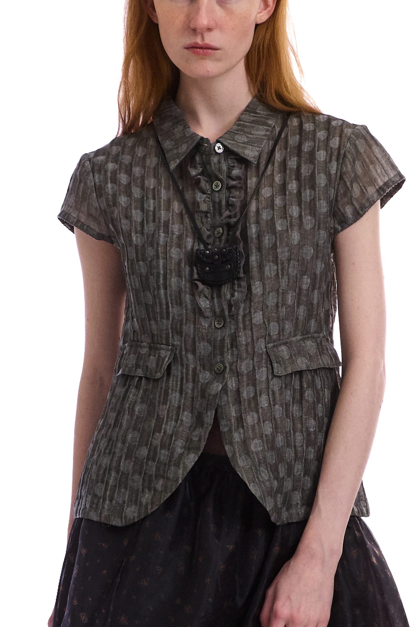 NEVERSEEZ Sheer Pleated-Stripe Ruffle-Placket Half Shirt