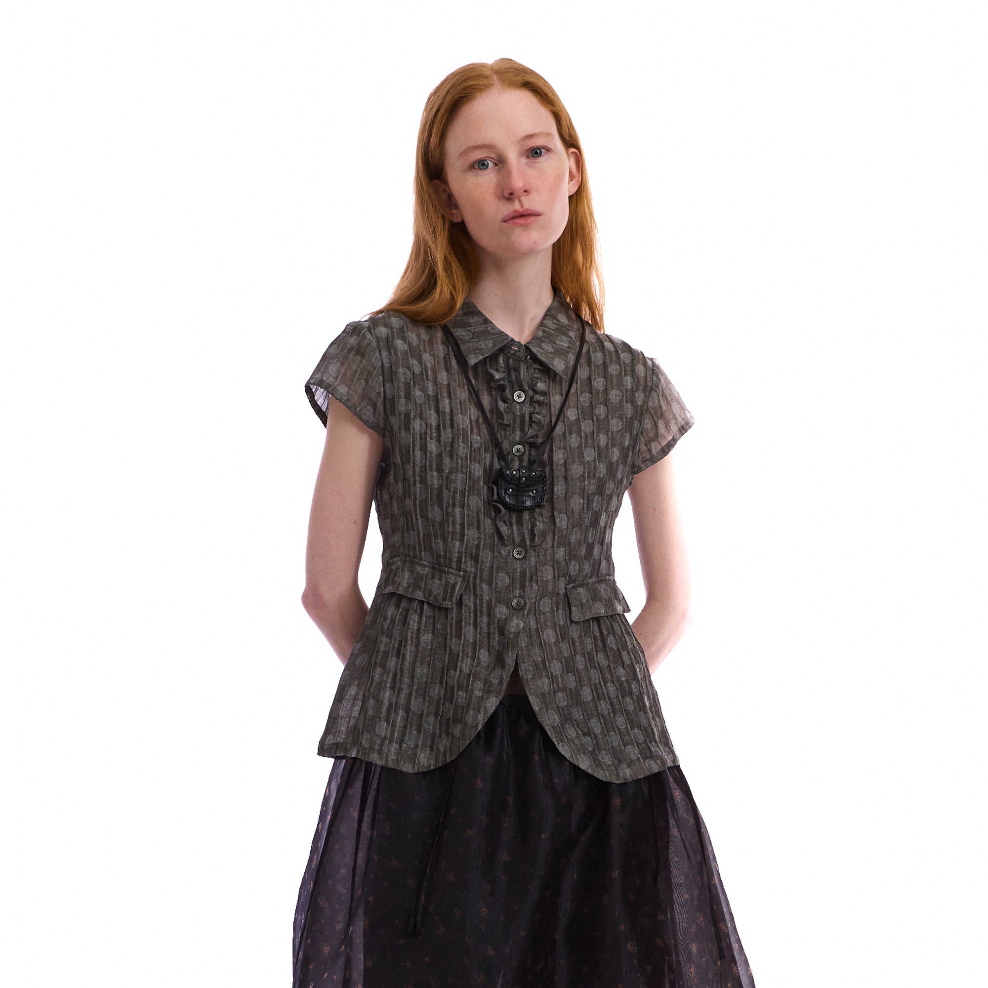 NEVERSEEZ Sheer Pleated-Stripe Ruffle-Placket Half Shirt