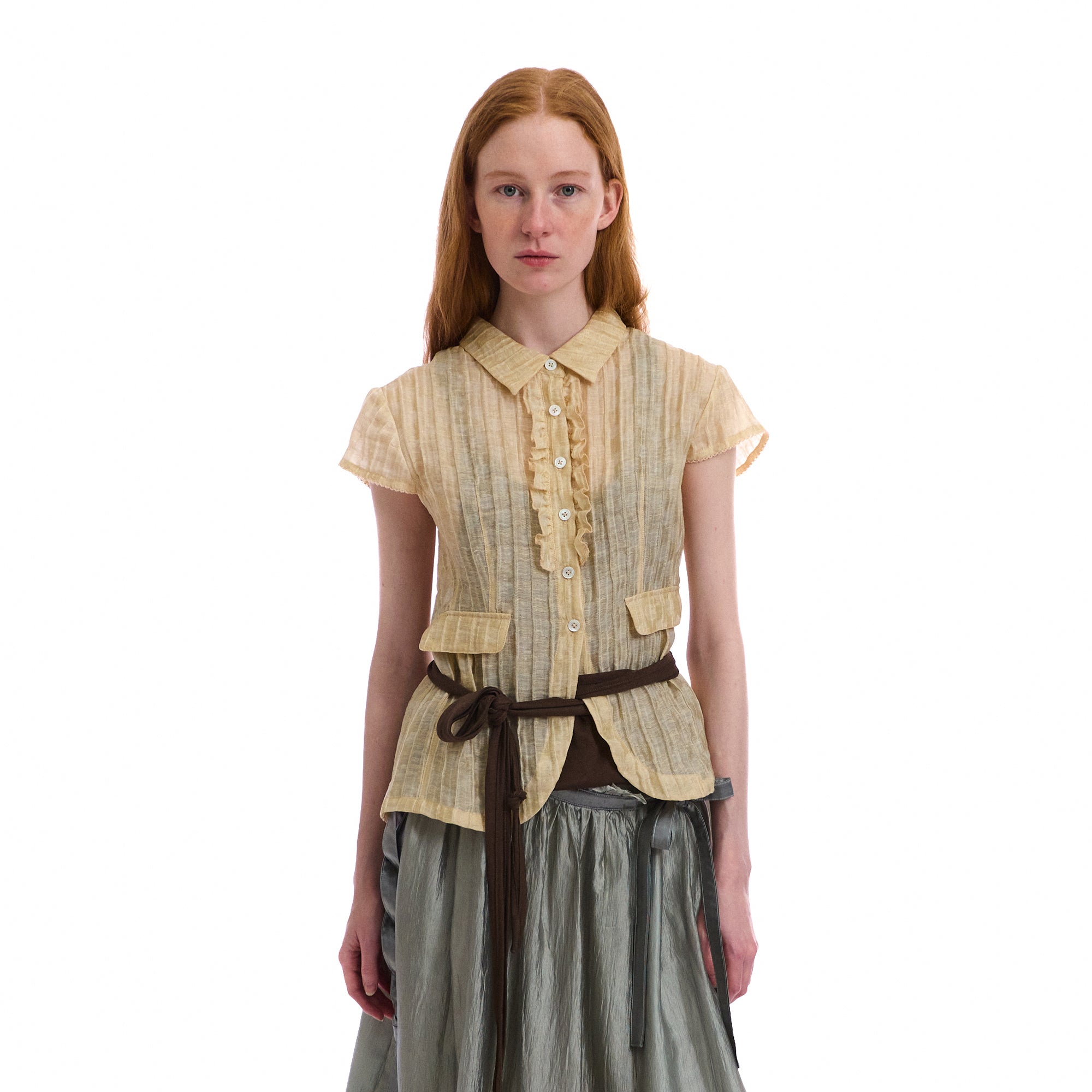 NEVERSEEZ Sheer Pleated-Stripe Ruffle-Placket Half Shirt