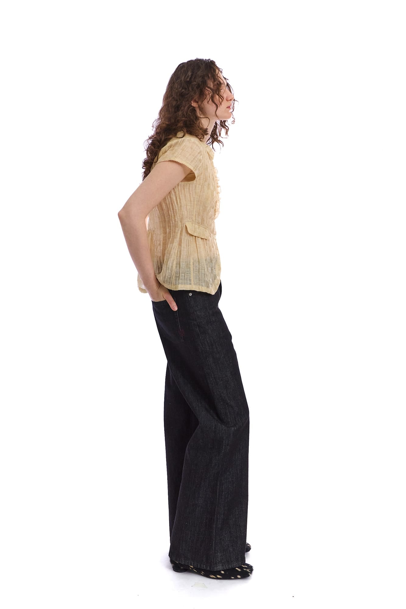 NEVERSEEZ Sheer Pleated-Stripe Ruffle-Placket Half Shirt
