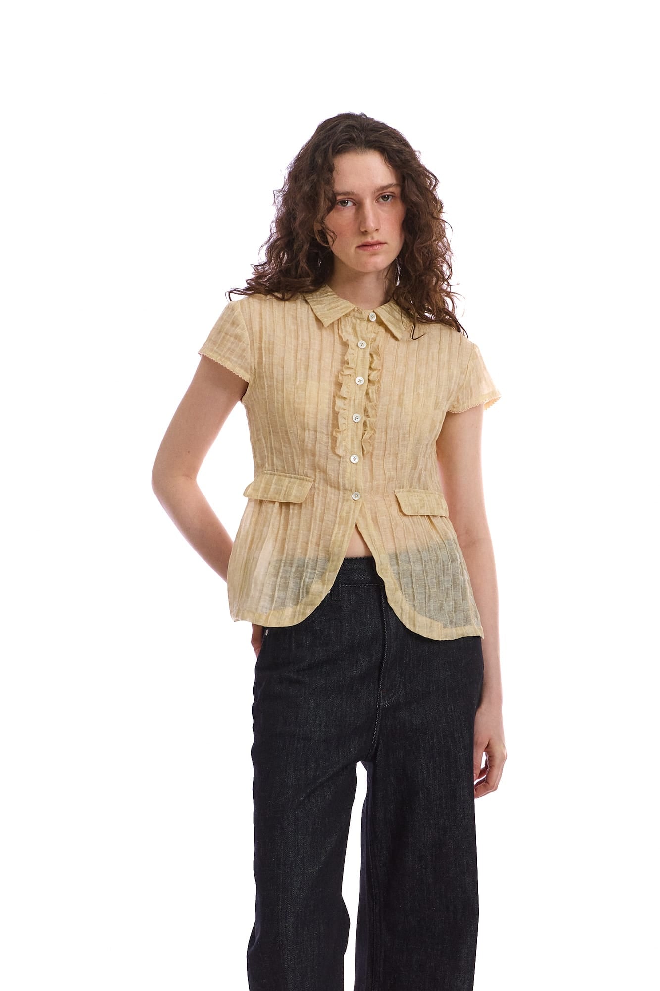 NEVERSEEZ Sheer Pleated-Stripe Ruffle-Placket Half Shirt