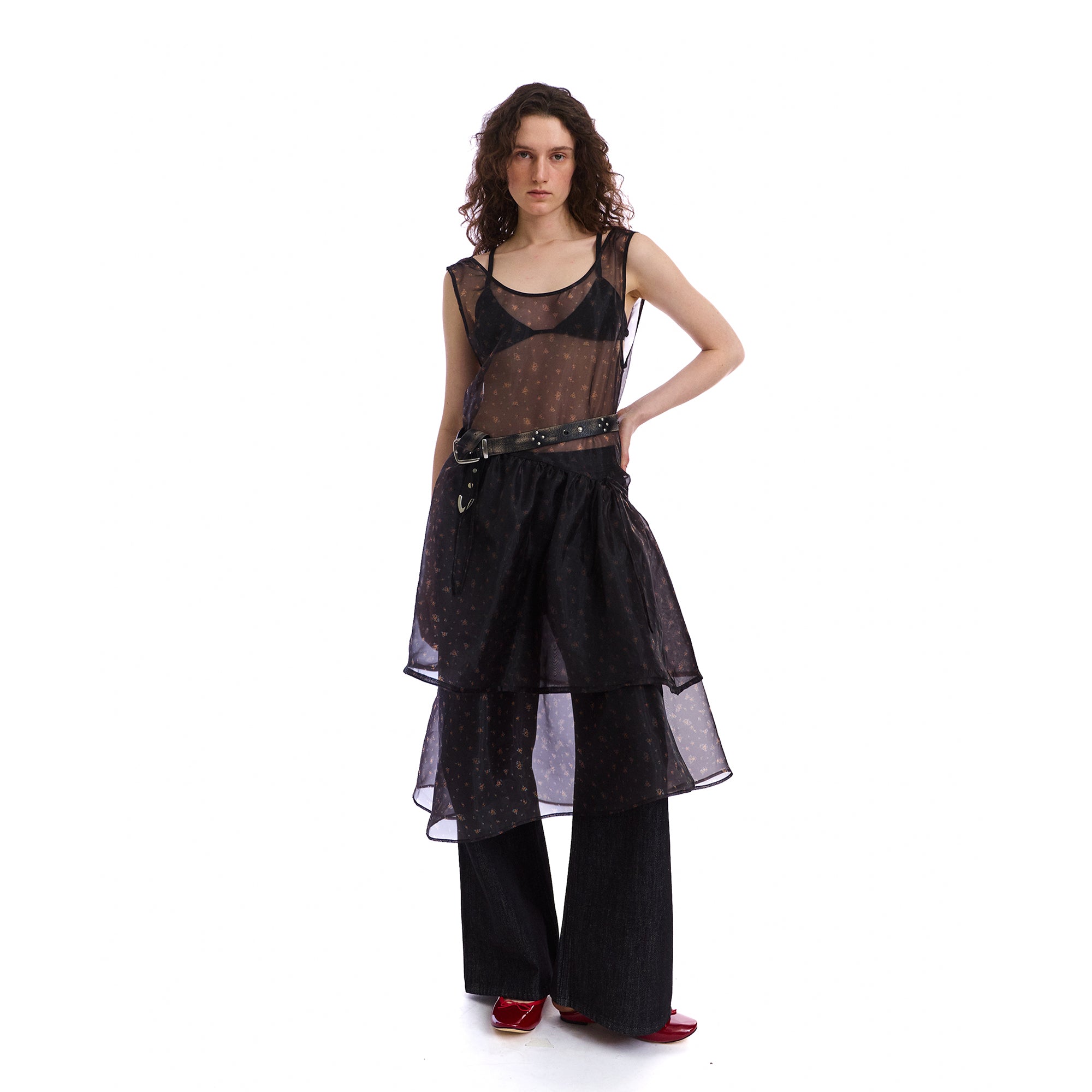 NEVERSEEZ Sheer Ditsy-Print Tiered Overlay Dress