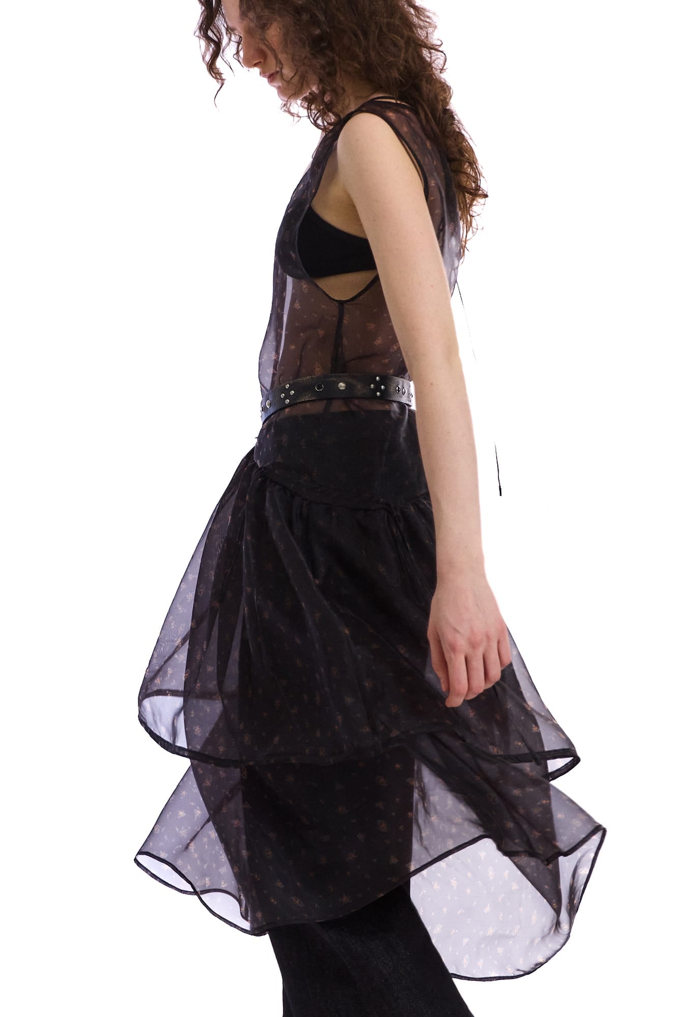 NEVERSEEZ Sheer Ditsy-Print Tiered Overlay Dress