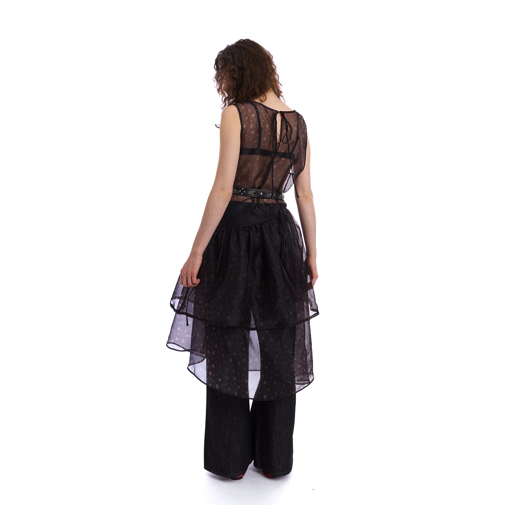 NEVERSEEZ Sheer Ditsy-Print Tiered Overlay Dress