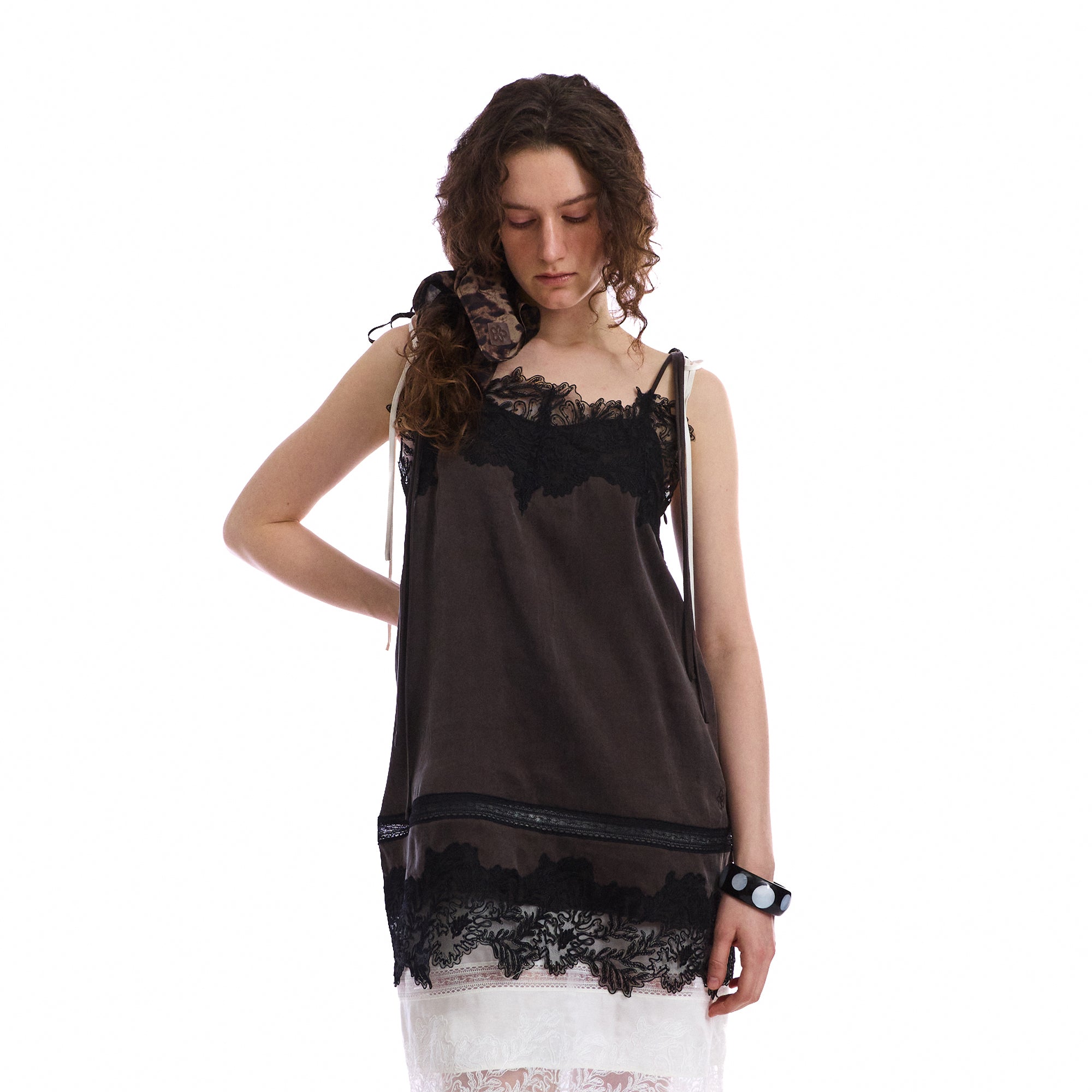 NEVERSEEZ Spliced Lace-Trim Tie-Strap Slip Dress