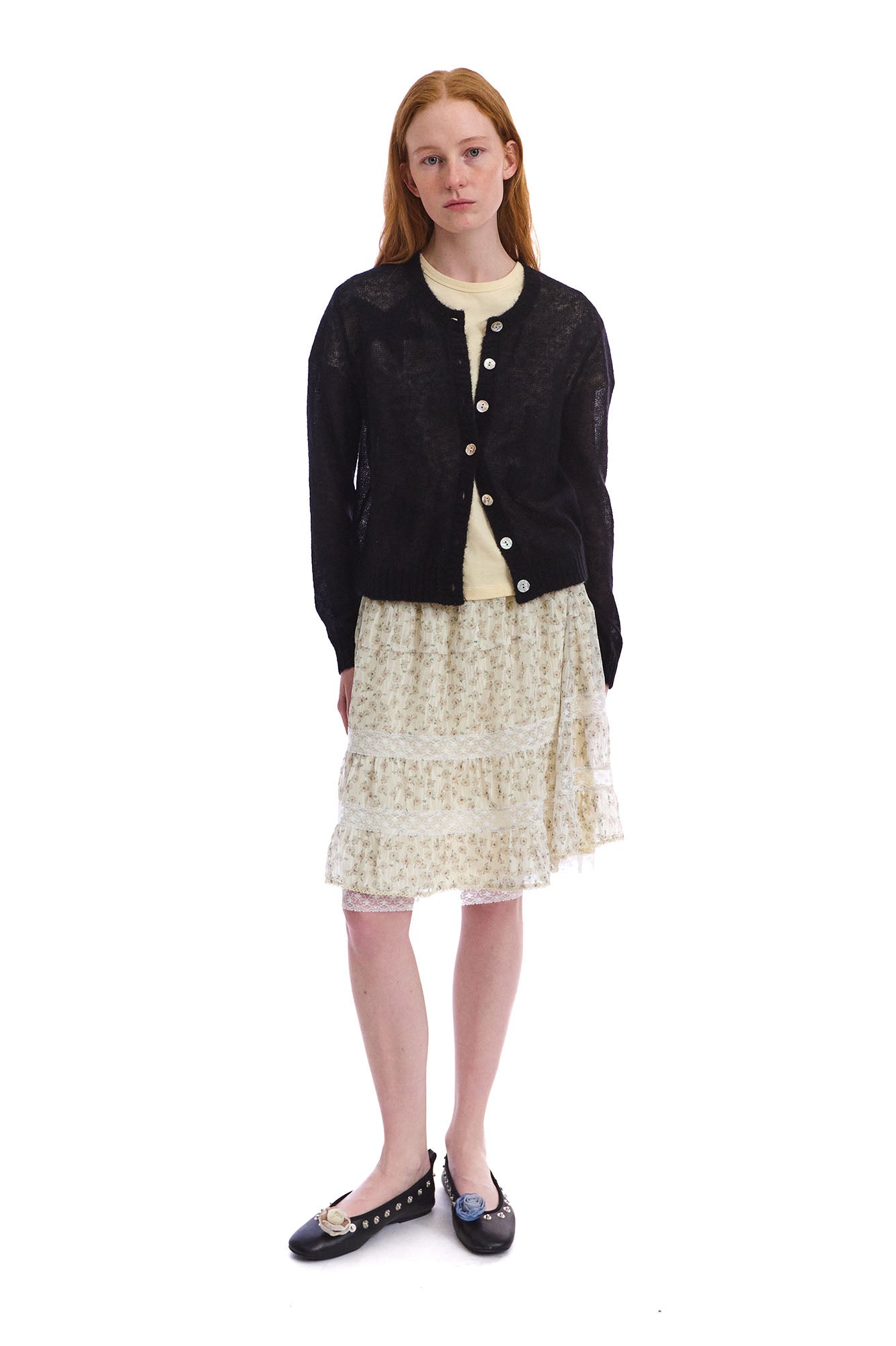 NEVERSEEZ Floral Lace-Trim Tiered Midi Skirt
