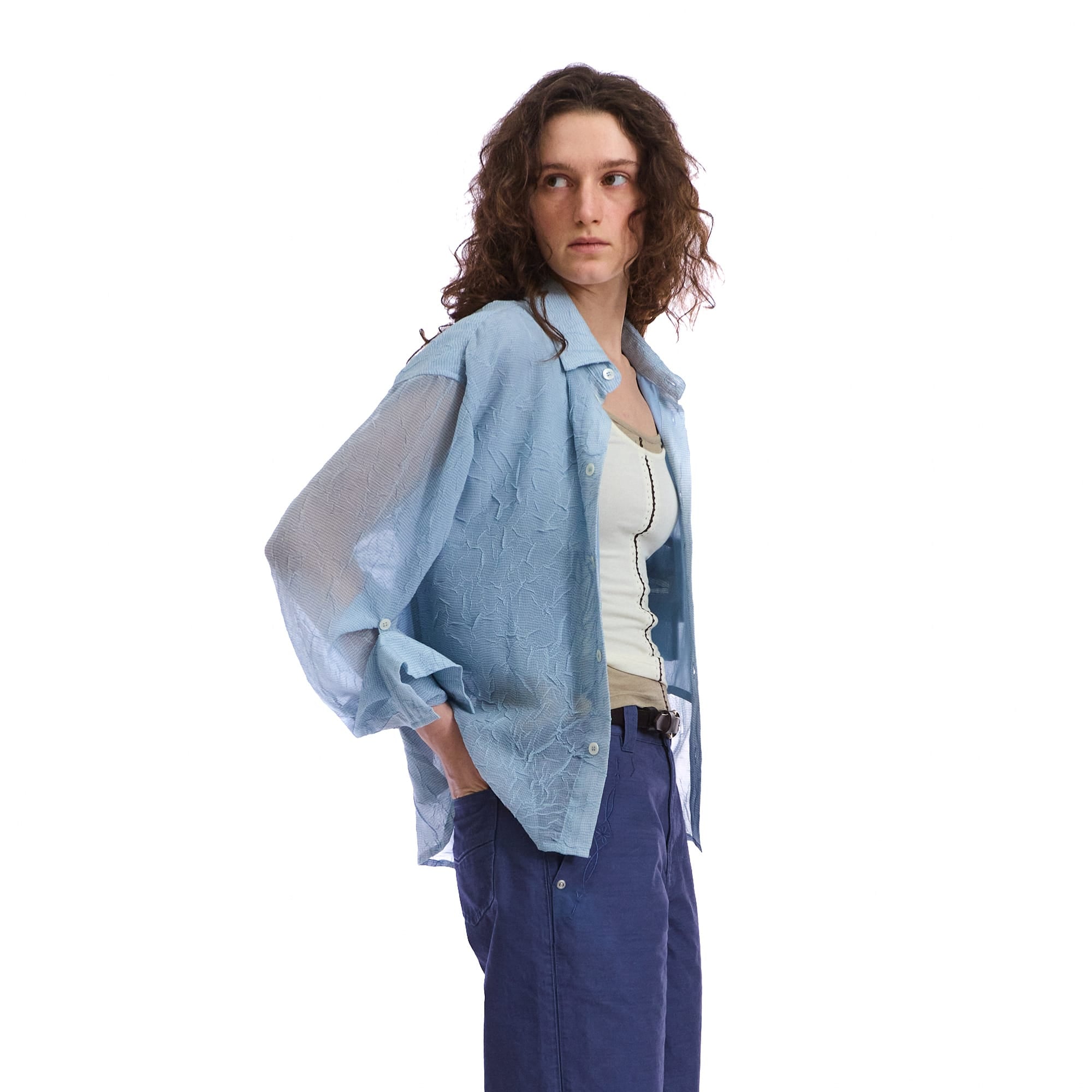 NEVERSEEZ Sheer Crinkle-Layer Shirt