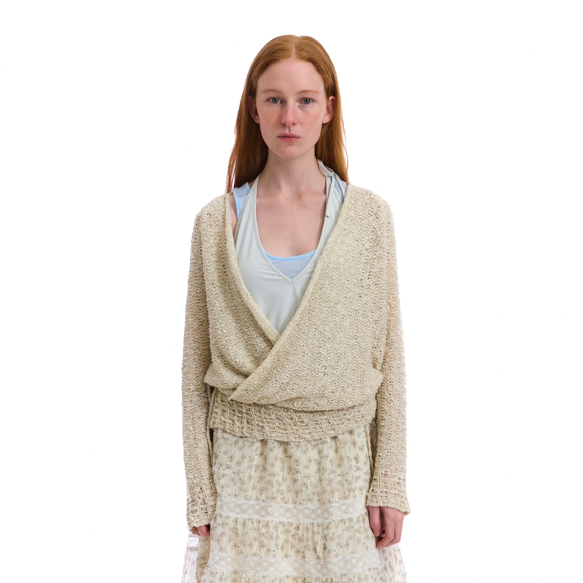 NEVERSEEZ Open-Knit Draped Wrap Cardigan