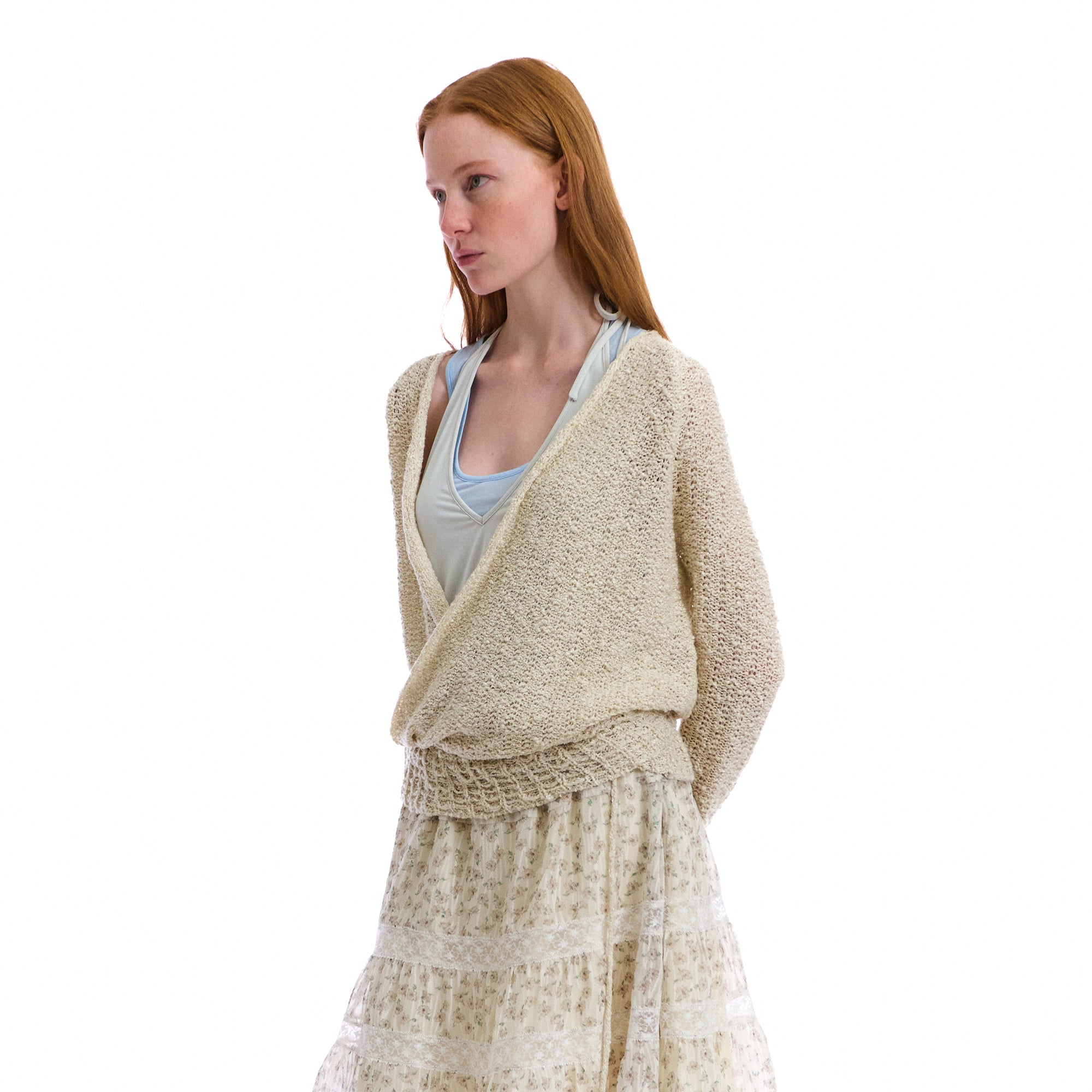 NEVERSEEZ Open-Knit Draped Wrap Cardigan