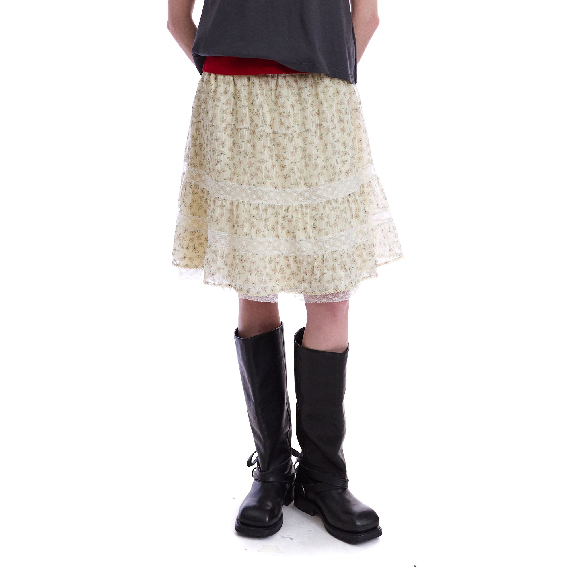 NEVERSEEZ Floral Lace-Trim Tiered Midi Skirt