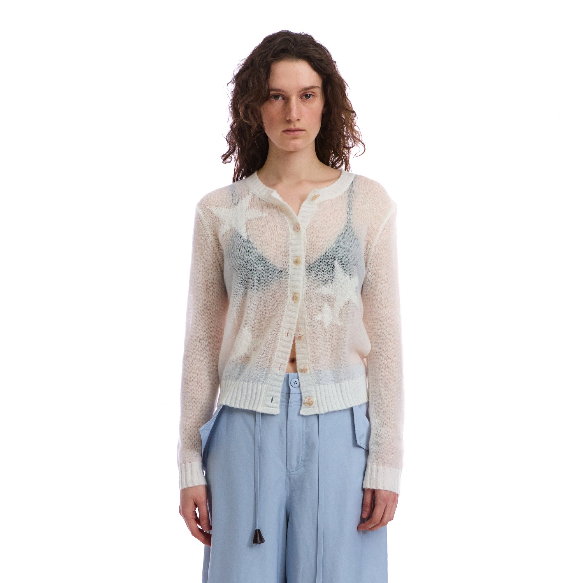 NEVERSEEZ Sheer Star-Jacquard Rib-Trim Cardigan