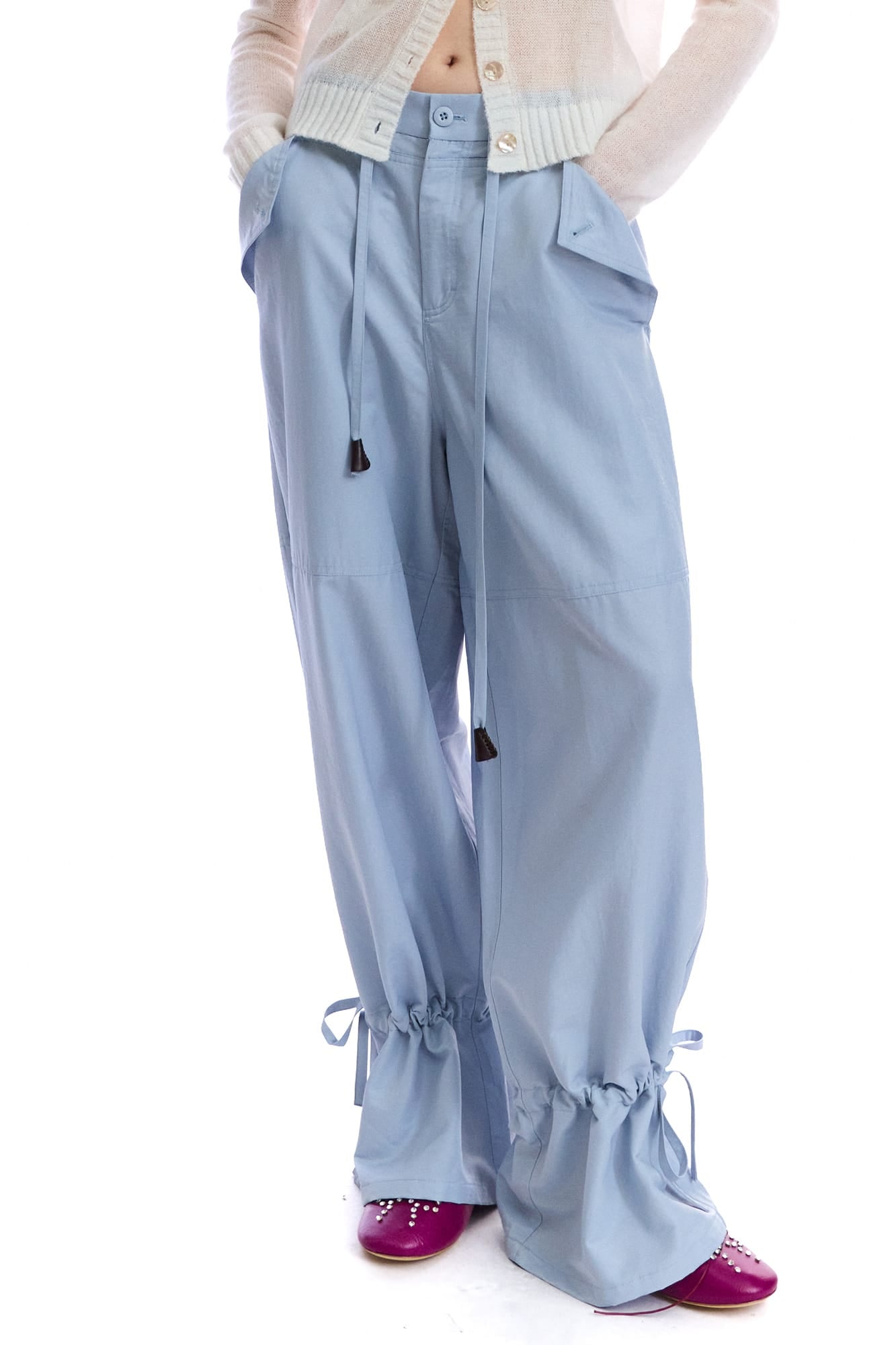 NEVERSEEZ Drawstring Wide-Leg Ruched-Cuff Parachute Pants