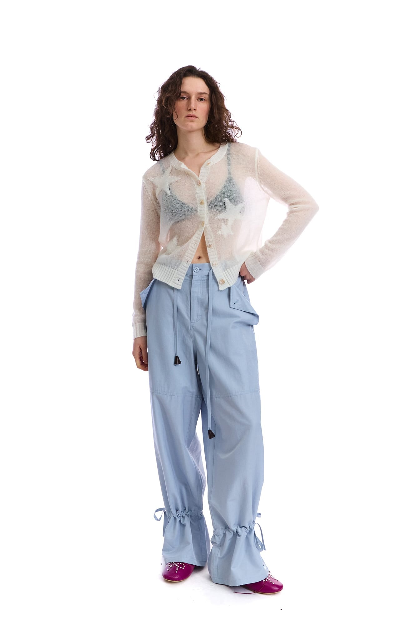 NEVERSEEZ Sheer Star-Jacquard Rib-Trim Cardigan