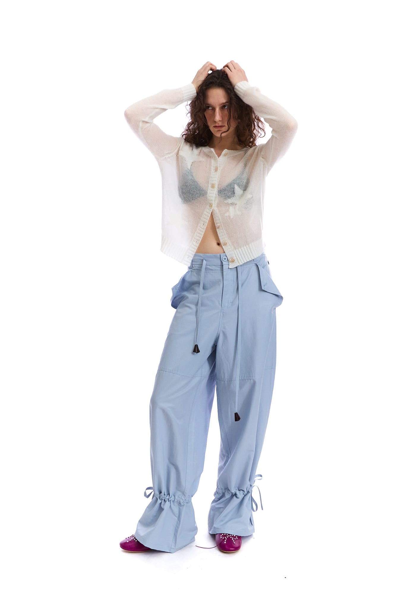 NEVERSEEZ Drawstring Wide-Leg Ruched-Cuff Parachute Pants