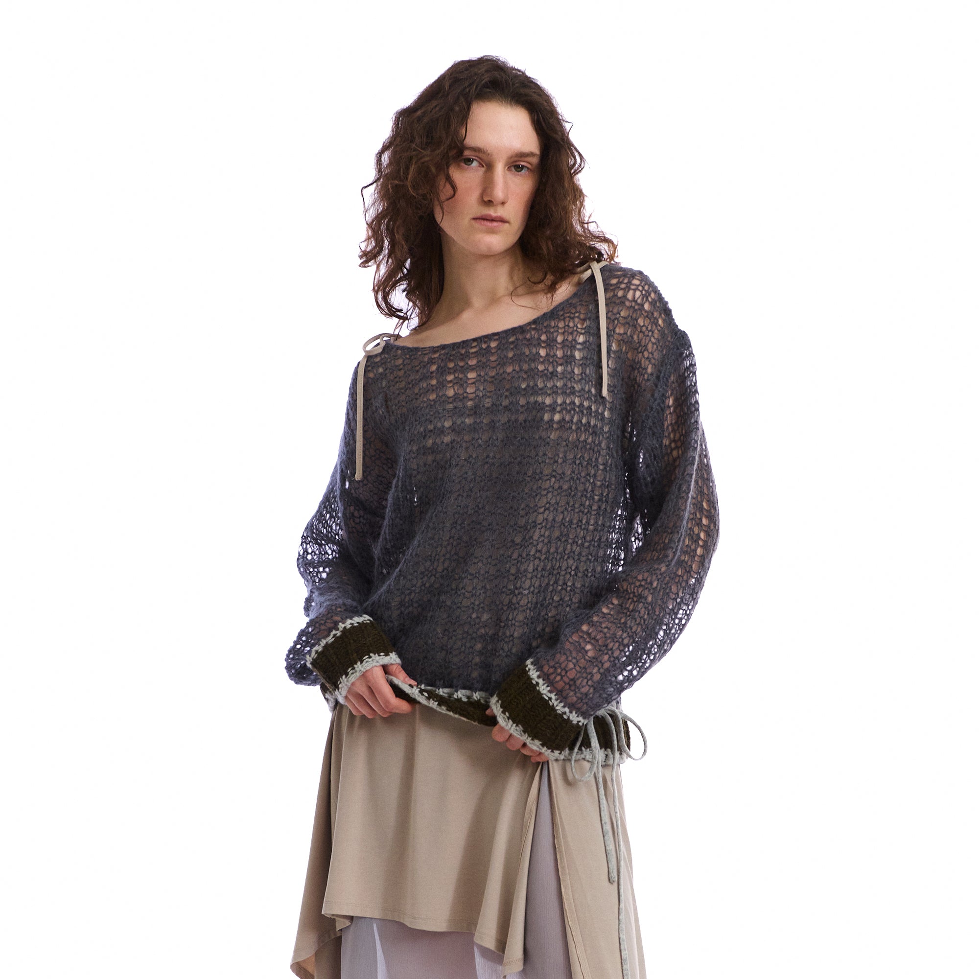 NEVERSEEZ Open-Knit Drawstring-Hem Rib-Trim Sweater