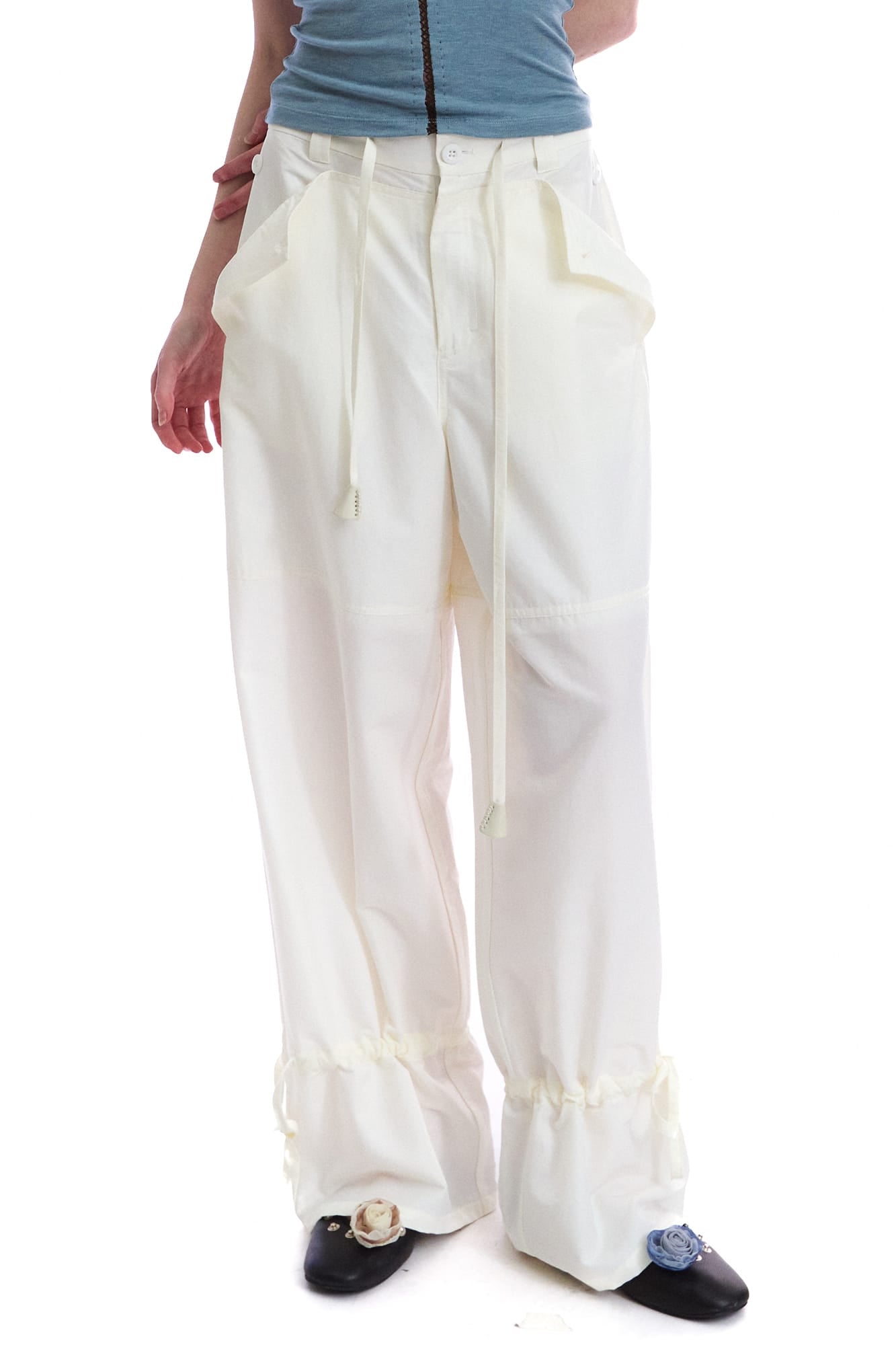 NEVERSEEZ Drawstring Wide-Leg Ruched-Cuff Parachute Pants